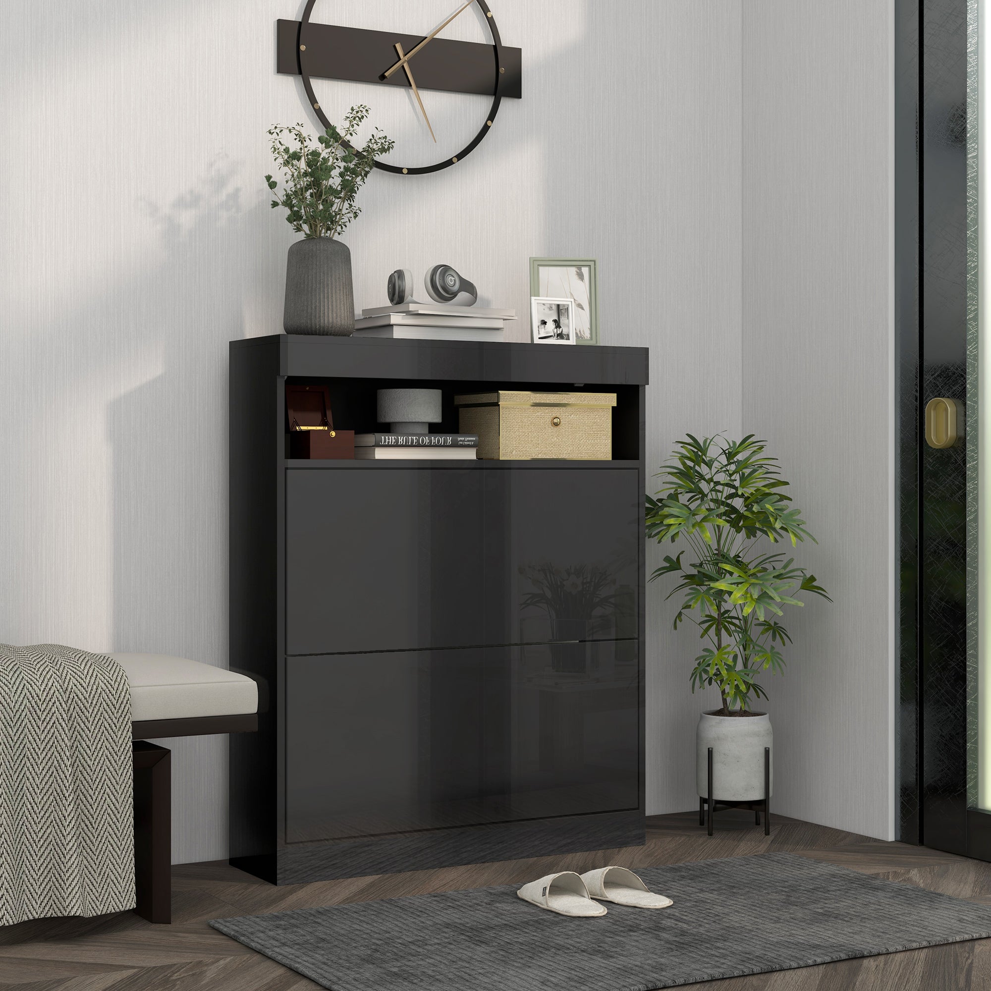 HOMCOM 16 Shoe Pair Storage Cabinet, with Flip Doors - High Gloss Black - North Peak Garden Furniture