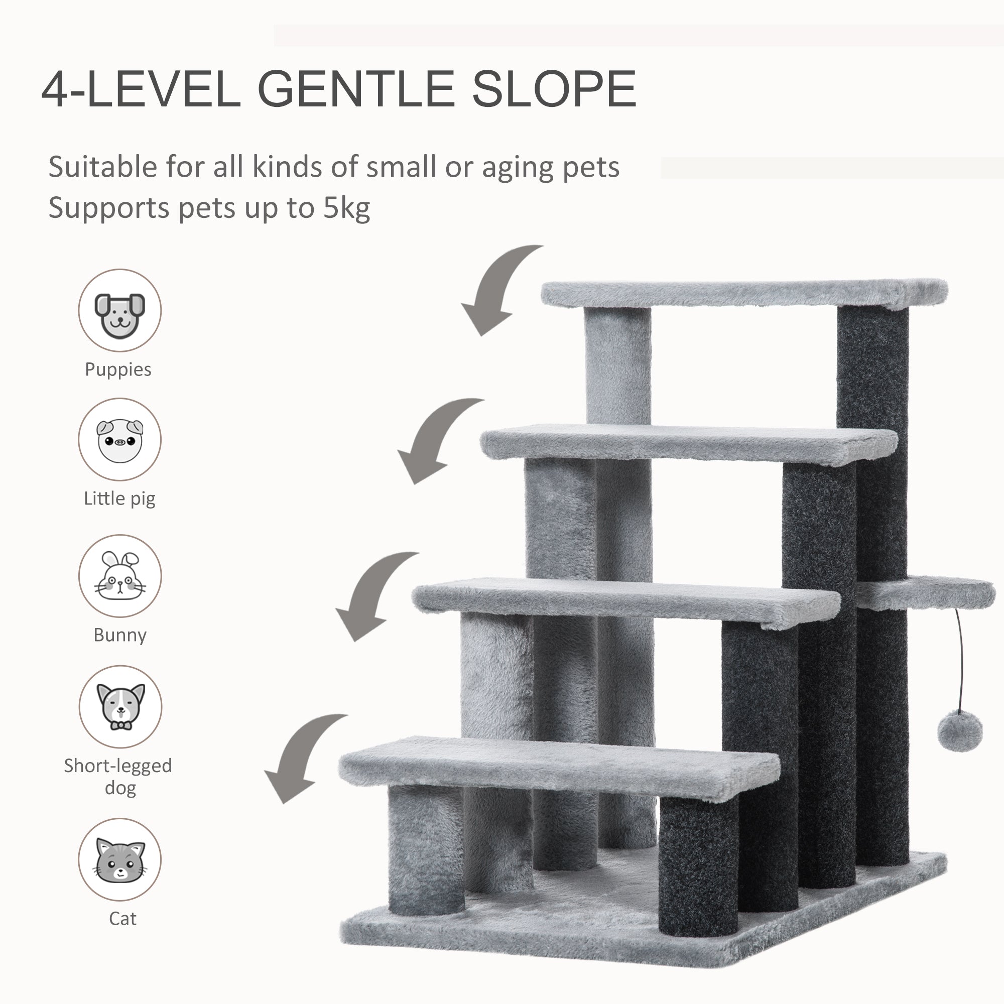 PawHut 4-step Pet Stairs with Scratching Posts, Platforms, Toy Ball, Grey - North Peak Garden Furniture