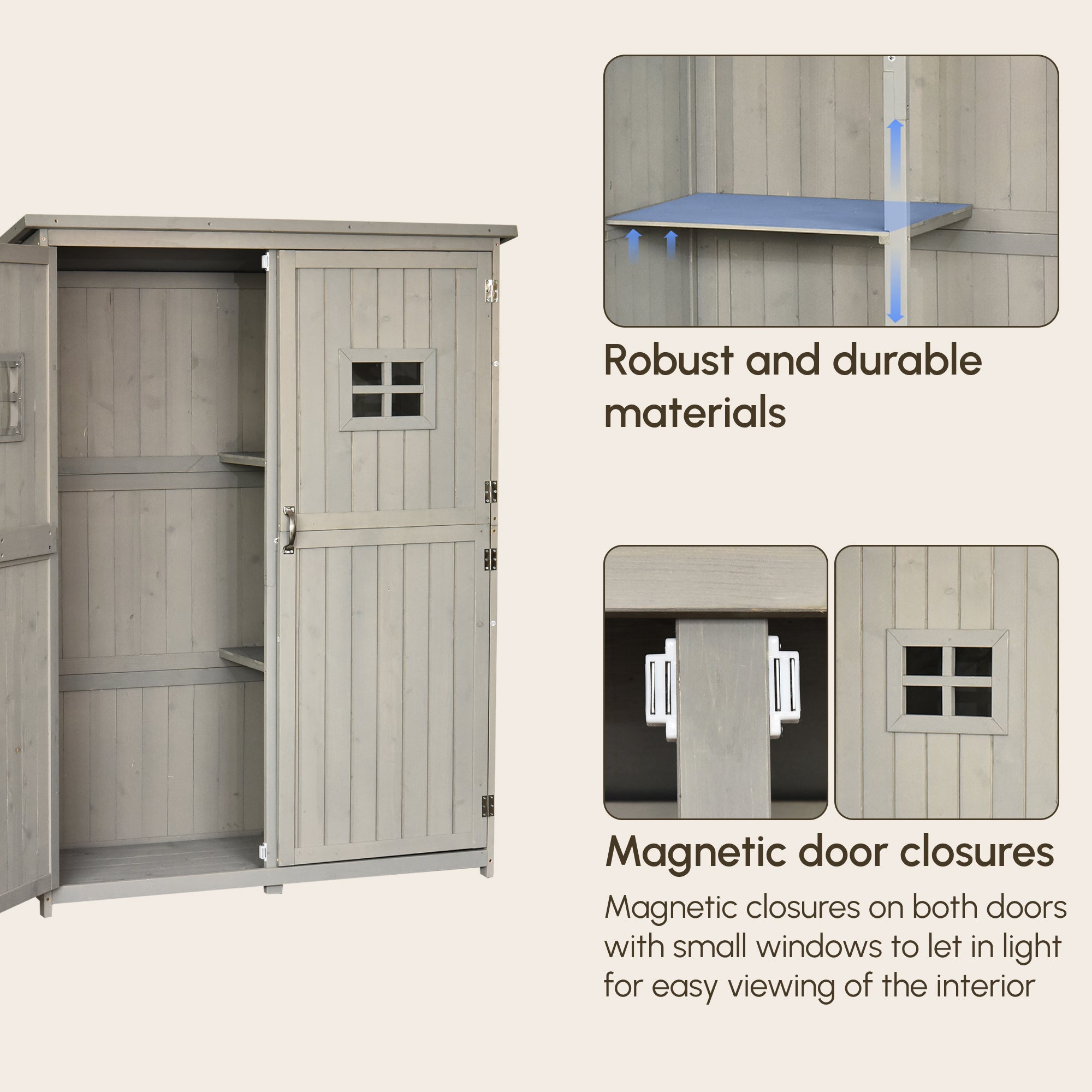 Outsunny Wooden Garden Shed with Two Windows, Tool Storage Cabinet, Outdoor Double Door Organizer 127.5L x 50W x 164H cm, Grey
