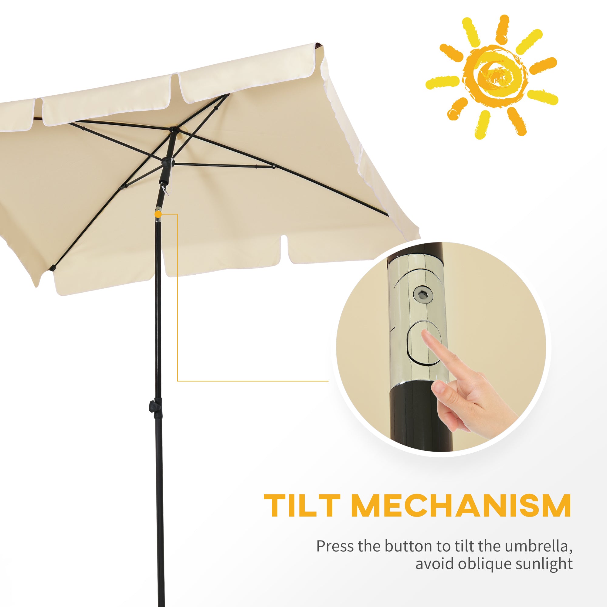 Outsunny Garden Parasol Umbrella, Outdoor Market Table Umbrella with Ruffles & Aluminium Pole, Rectangular Tilting Parasol Sun Shade Canopy, 2 x 1.3m, Beige - North Peak Garden Furniture
