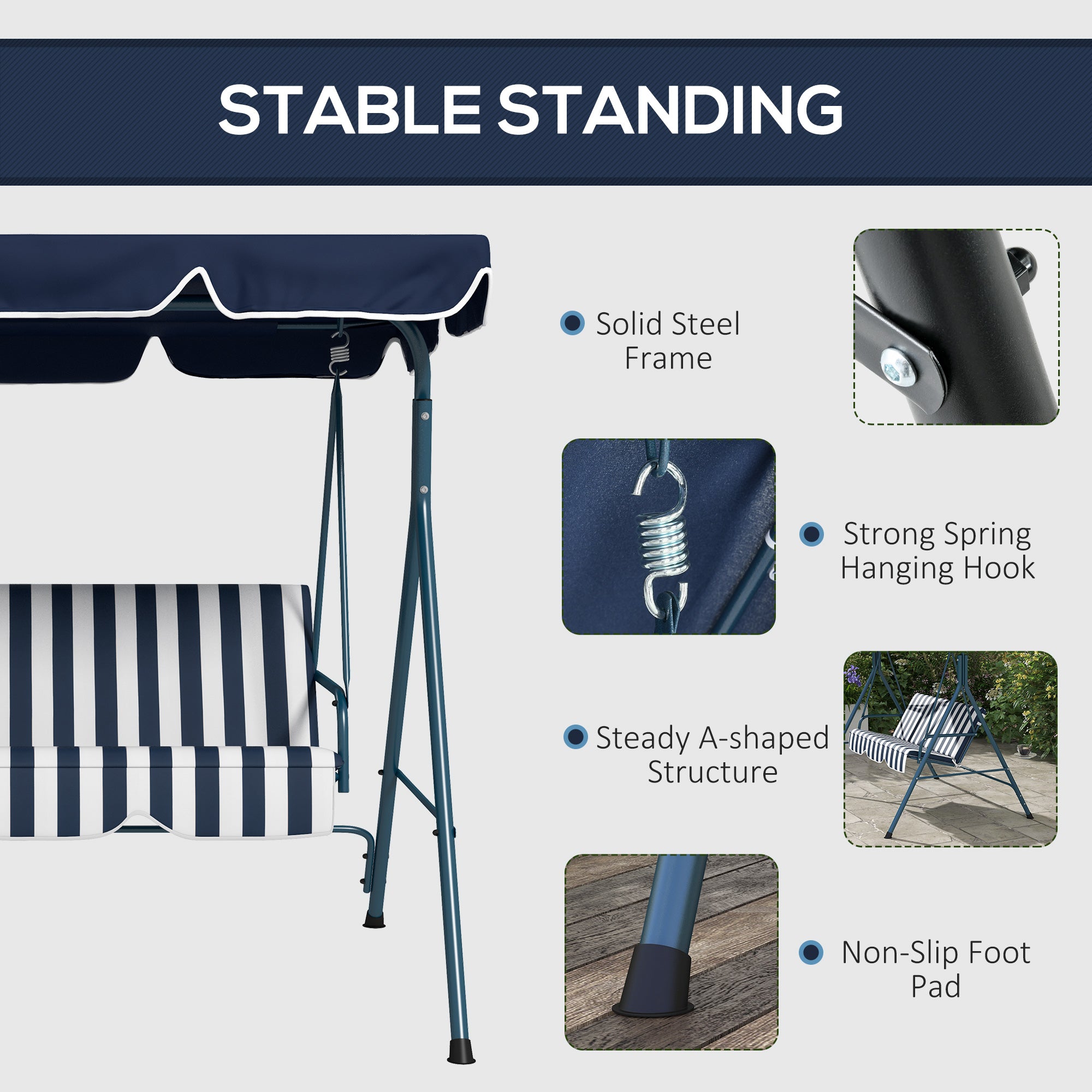 Outsunny 3 Seater Garden Swing Chair, Outdoor Swing Chair with Adjustable Canopy, Mental Frame & Cushions, Blue