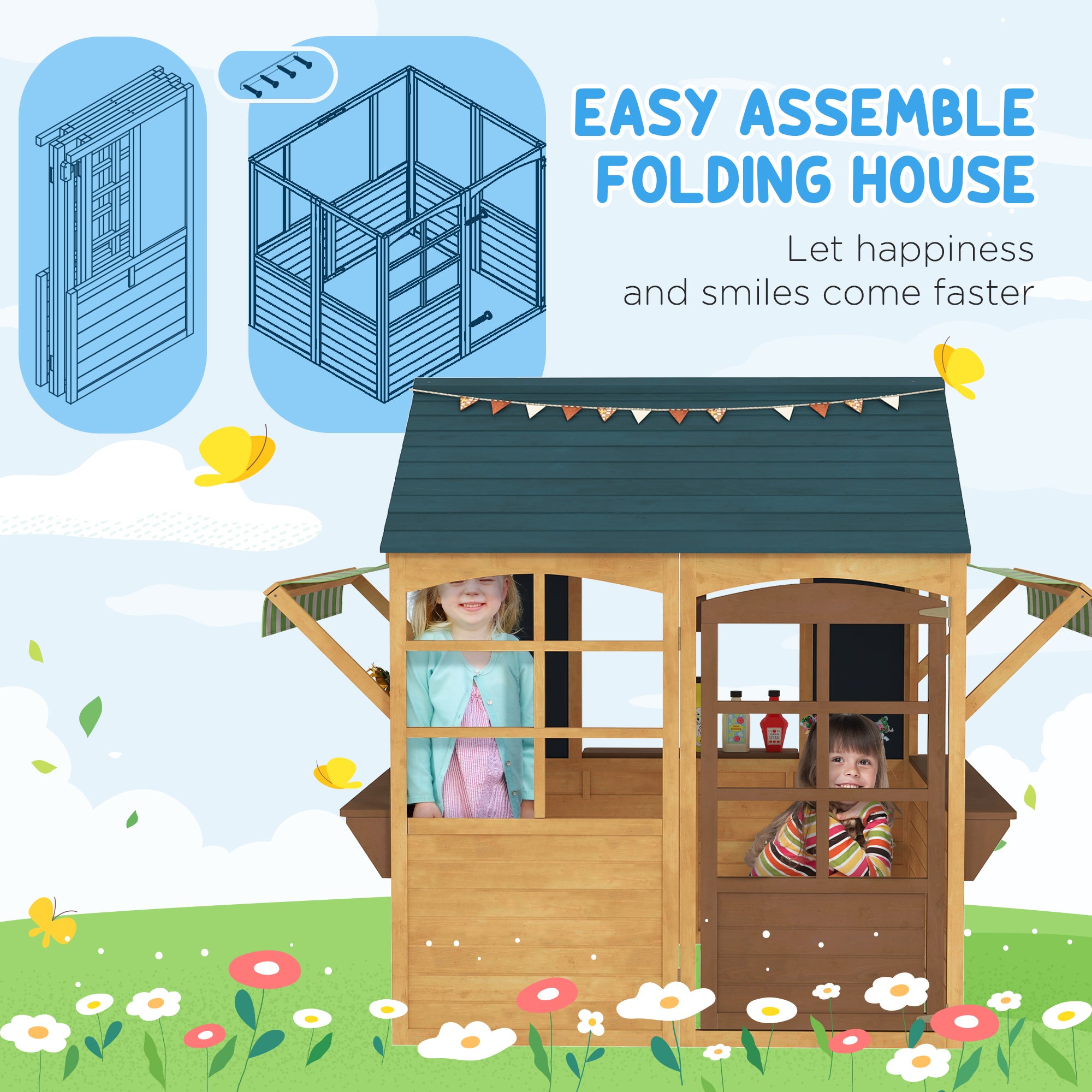 AIYAPLAY Wooden Playhouse for Kids, Foldable Wendy House with Windows, Working Door, Service Stations, Rain Covers, Brown - North Peak Garden Furniture