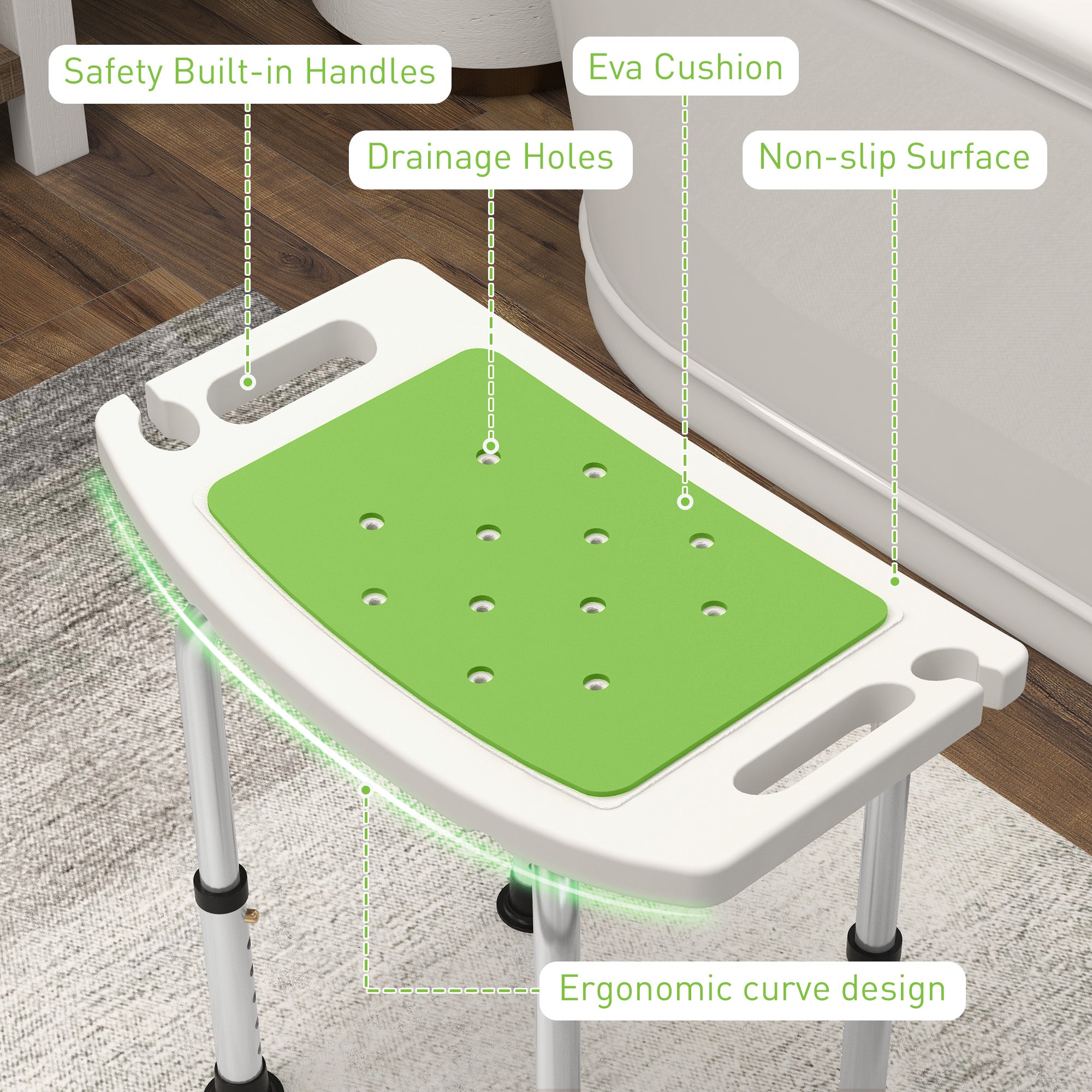 HOMCOM 6-Level Height Adjustable Aluminium Bath Room Stool Chair Shower Non-Slip Design w/ Padded Seat Drainage Holes Foot Pad, Green - North Peak Garden Furniture