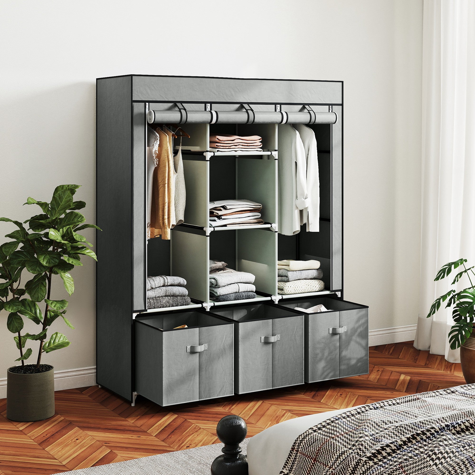 HOMCOM Fabric Wardrobe for Bedroom, Portable Wardrobe with 5 Shelves, 2 Hanging Rails and 3 Fabric Drawers, Foldable Closet, 125 x 43 x 162.5cm, Light Grey - North Peak Garden Furniture