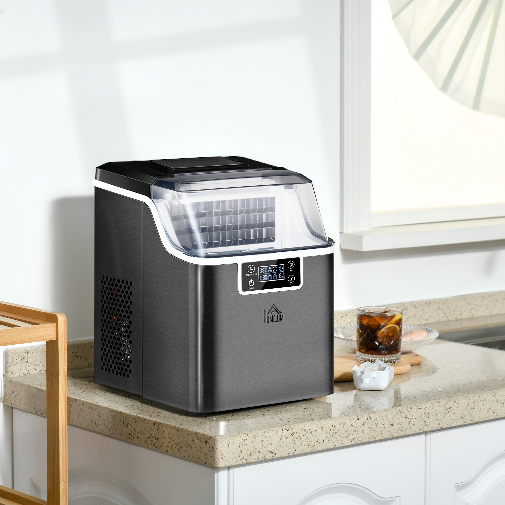 HOMCOM 3.2L Compact Ice Machine, with LCD Screen and Accessories - Black - North Peak Garden Furniture
