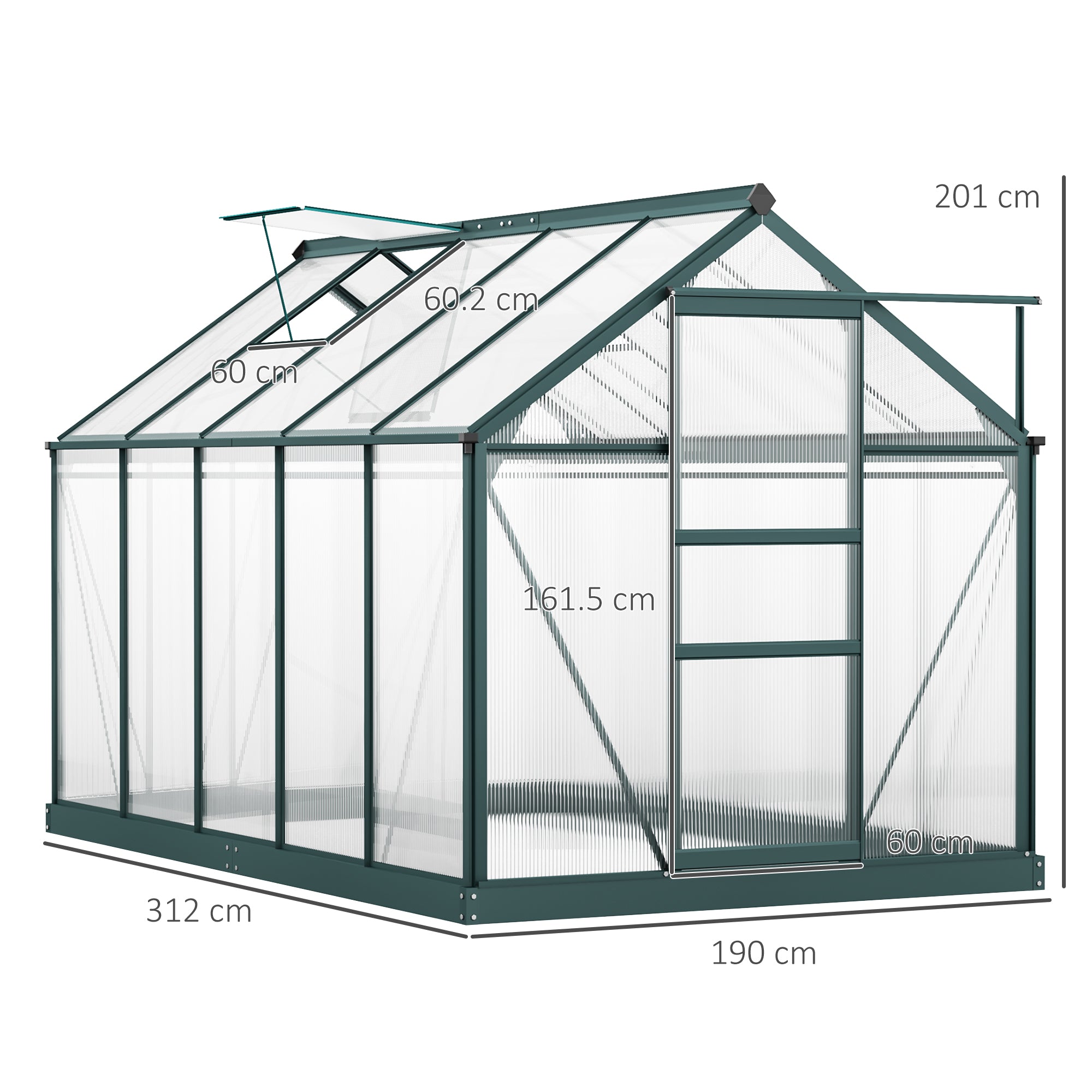 Outsunny 6 x 10ft Polycarbonate Greenhouse, Large Walk-In Green House with Slide Door and Window, Garden Plants Grow House with Aluminium Frame and Foundation, Dark Green - North Peak Garden Furniture
