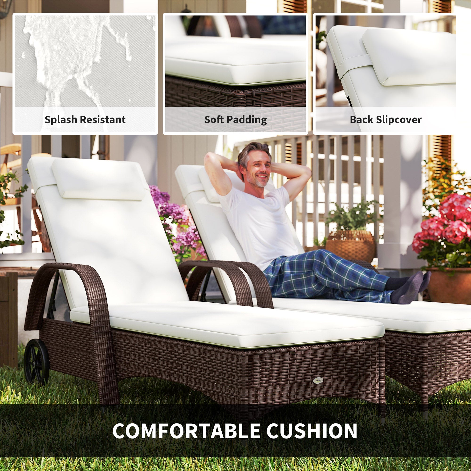 Outsunny 3 Pieces PE Rattan Patio Lounge Chair Set, Outdoor Recliner Lounge Chairs with Wheels, for Outside with Cushions, Headrest, Coffee Table for Garden, Poolside, Brown