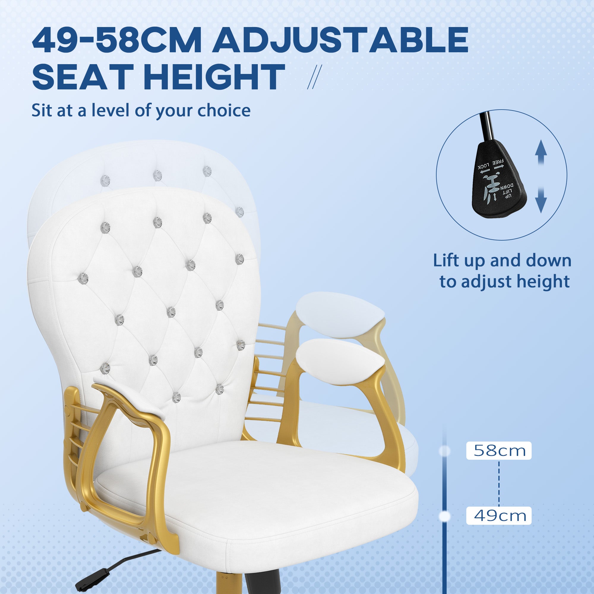 Vinsetto Height Adjustable Home Office Chair, Button Tufted Computer Chair with Padded Armrests and Tilt Function, Cream White - North Peak Garden Furniture