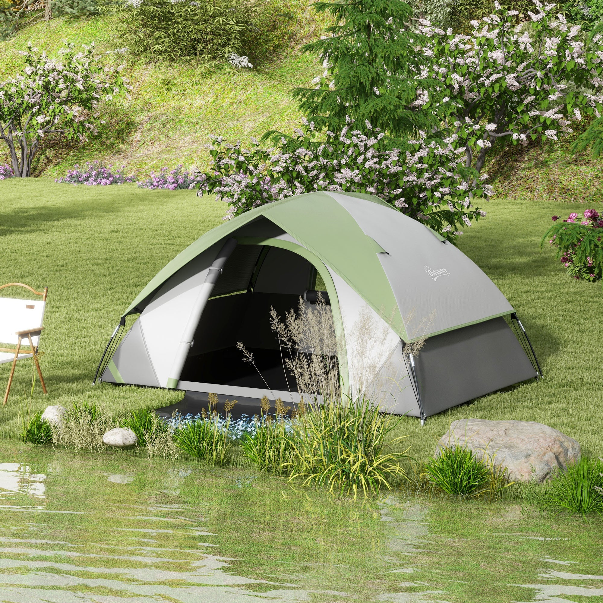 Outsunny Two Man Single Room Dome Tent, with Accessories - Green/Grey