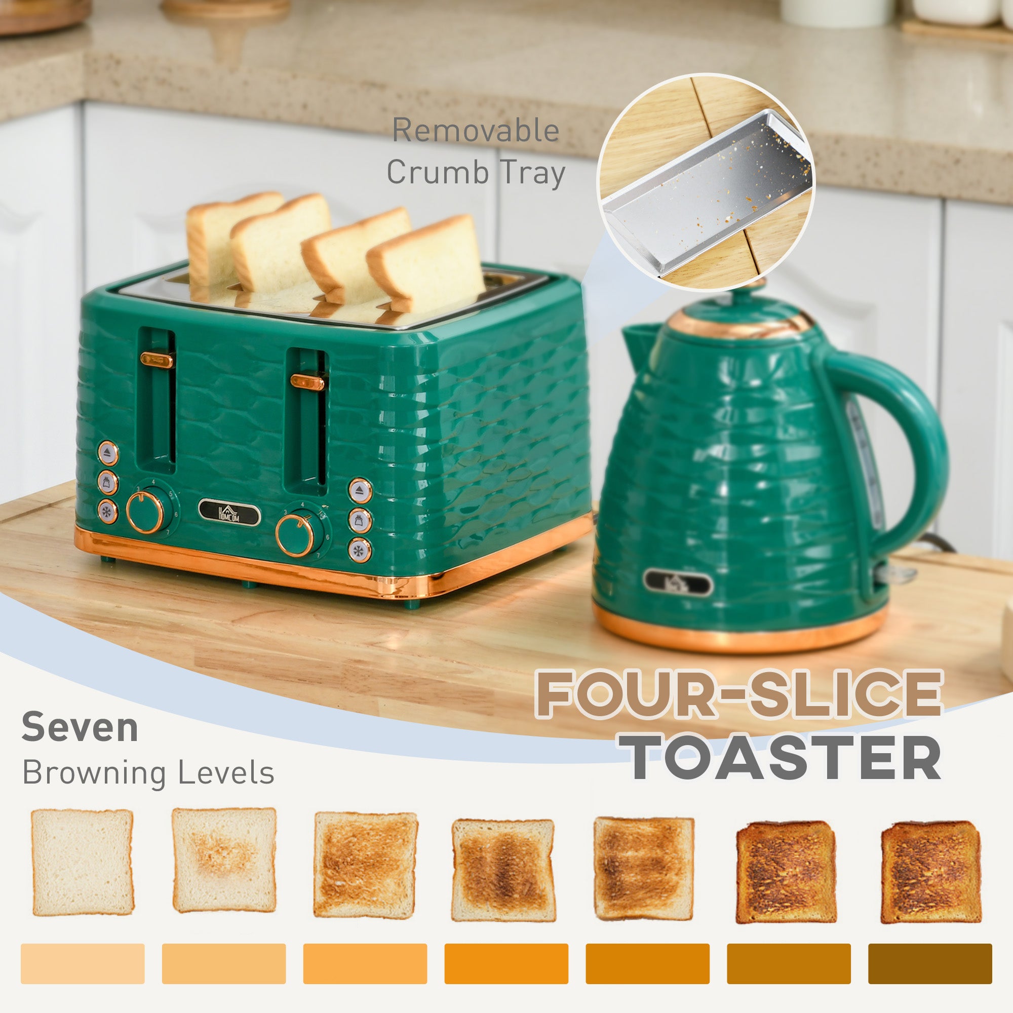 HOMCOM 3000W 1.7L Rapid Boil Kettle & 4 Slice Toaster, Kettle and Toaster Set with 7 Browning Controls and Crumb Tray, Green - North Peak Garden Furniture