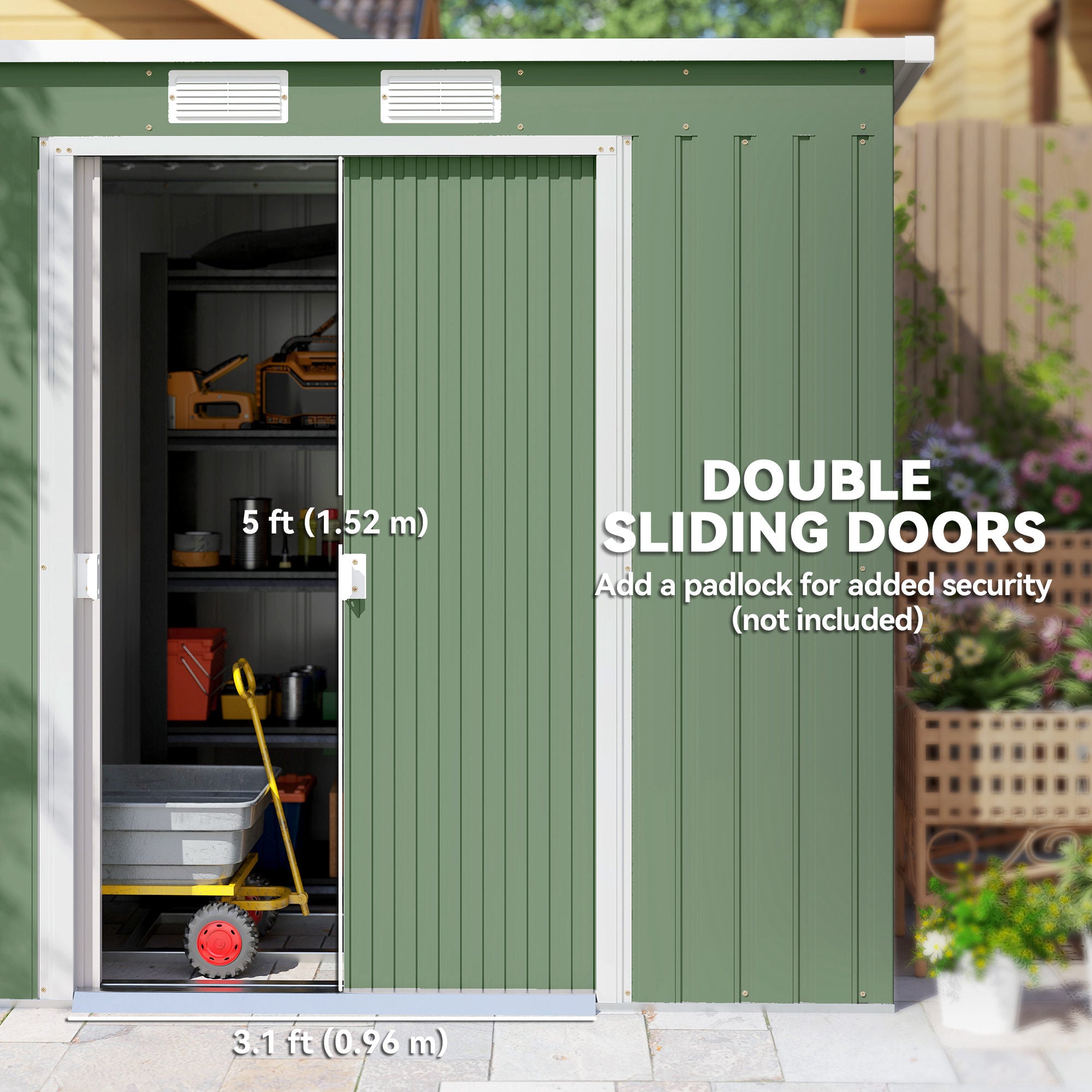 Outsunny 7 x 4ft Lean to Garden Shed with Foundation Kit, Double Door and Vents, Outdoor Metal Storage Shed for Equipment Tools, Green