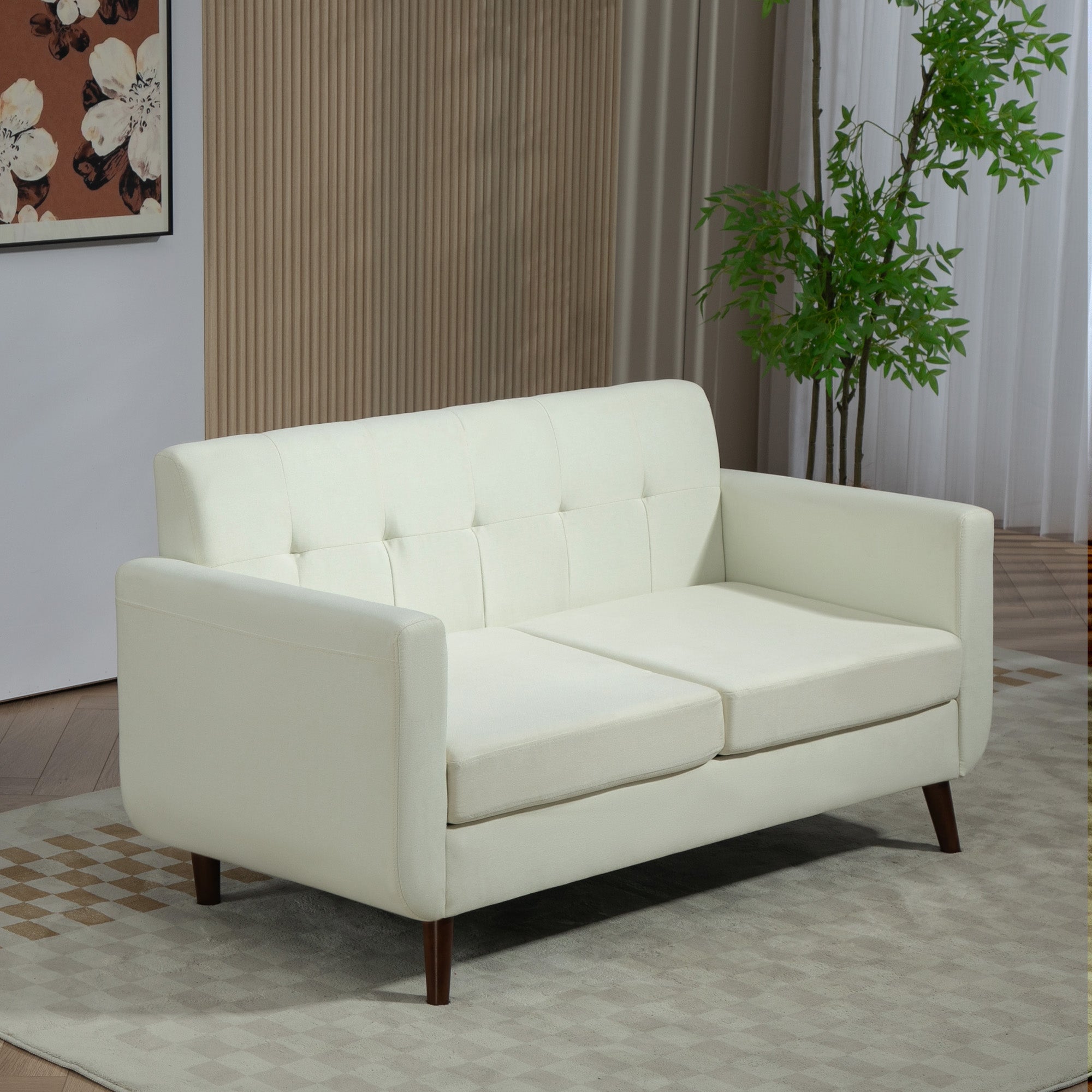 HOMCOM 2 Seater Sofa, Modern Tufted Fabric Couch, Upholstered Loveseat with Wood Legs for Small Space, Living Room, Bedroom, Office, Cream White