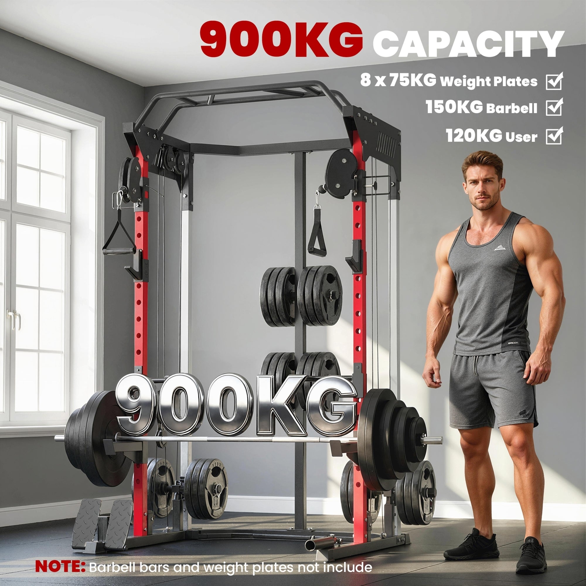 SPORTNOW Power Cage, Power Rack with Adjustable Cable Pulley System, Pull-Up Bar, Dip Station, Landmine