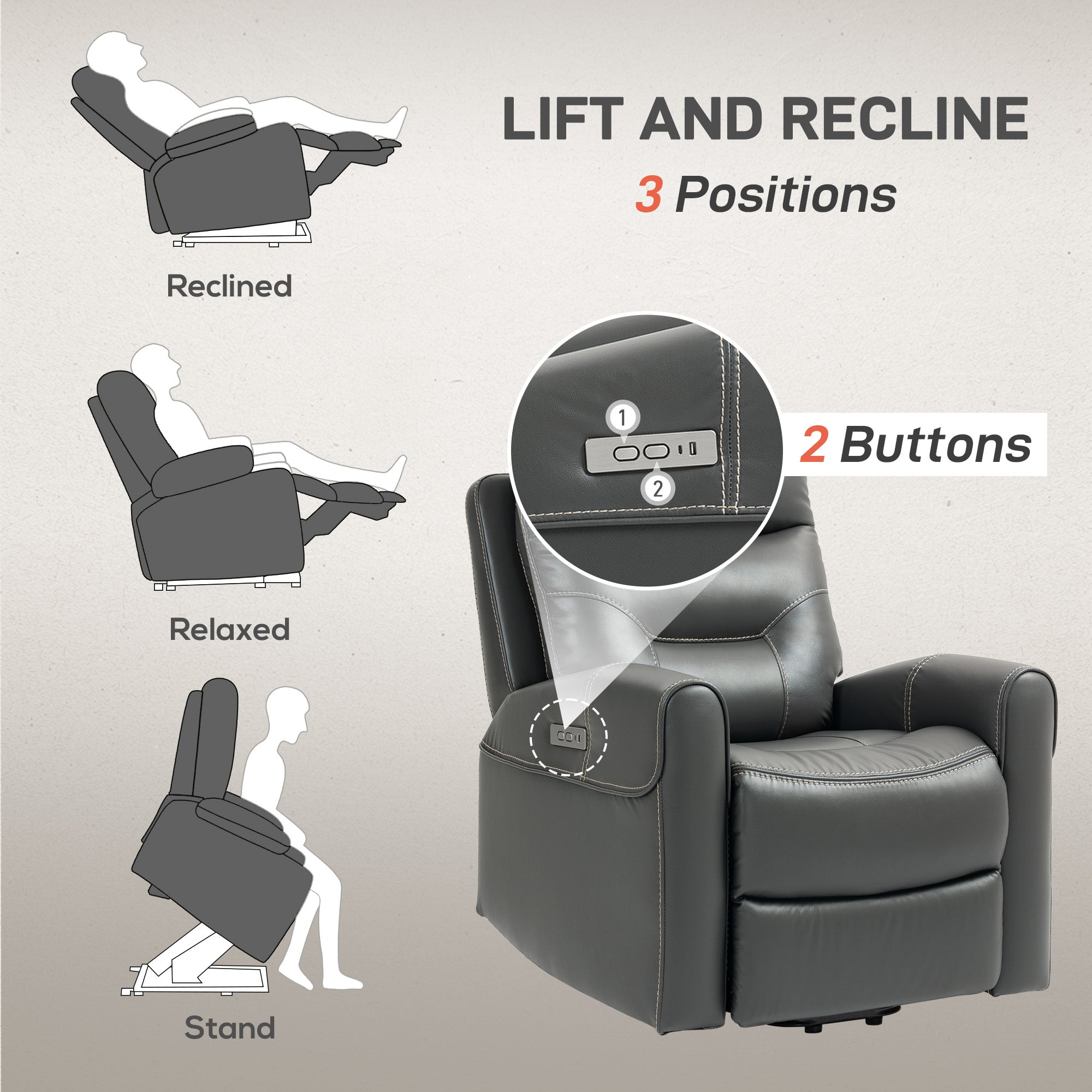 HOMCOM Power Lift Recliner Chair for Elderly, Overstuffed Faux Leather Riser and Reclining Chair with USB A+C Ports, Remote Control, Recliner Armchair for Living Room, Charcoal Grey - North Peak Garden Furniture