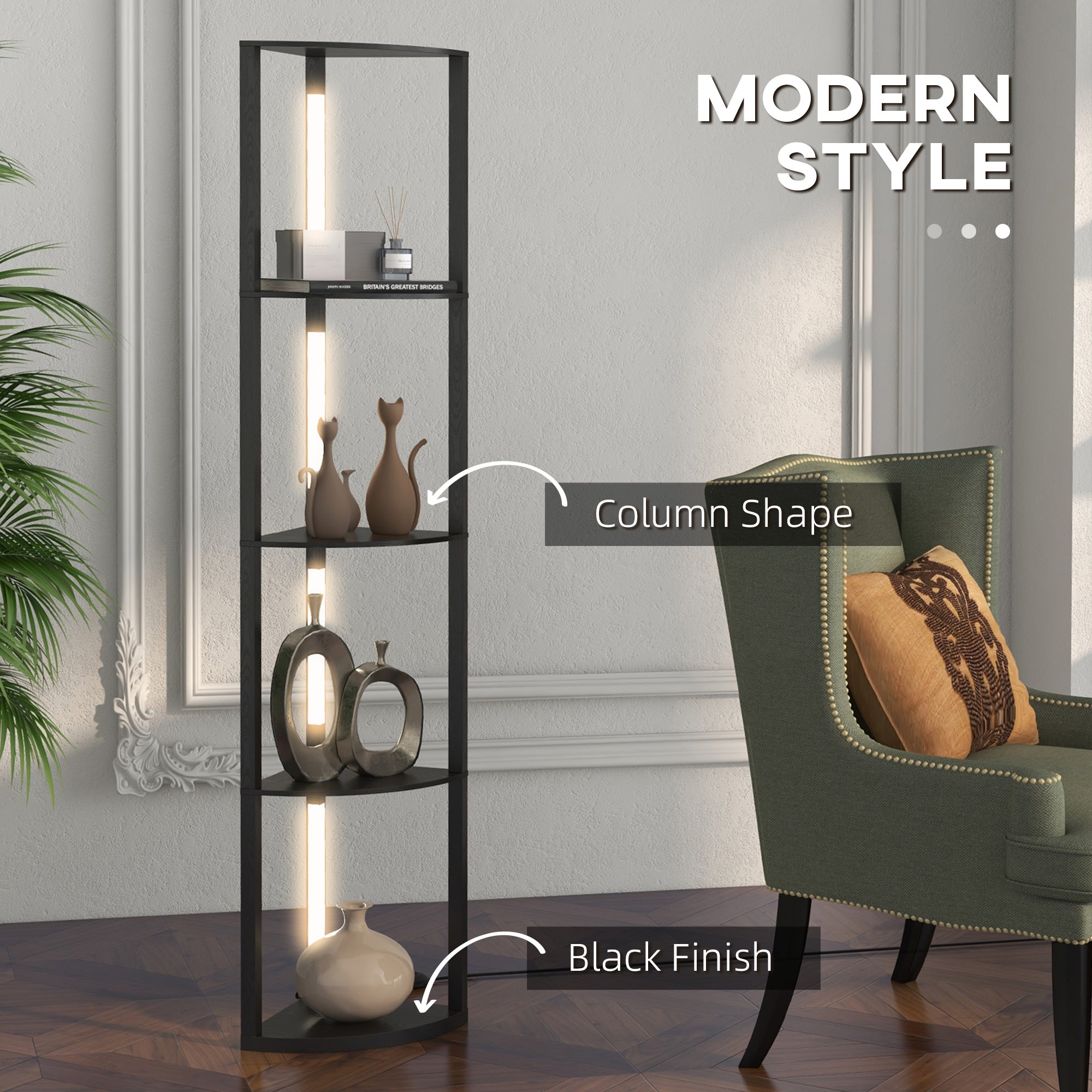 HOMCOM Corner Floor Lamp for Living Room Bedroom with Dimmable Warm White LED Light, Modern Tall Standing Lamp, Black - North Peak Garden Furniture