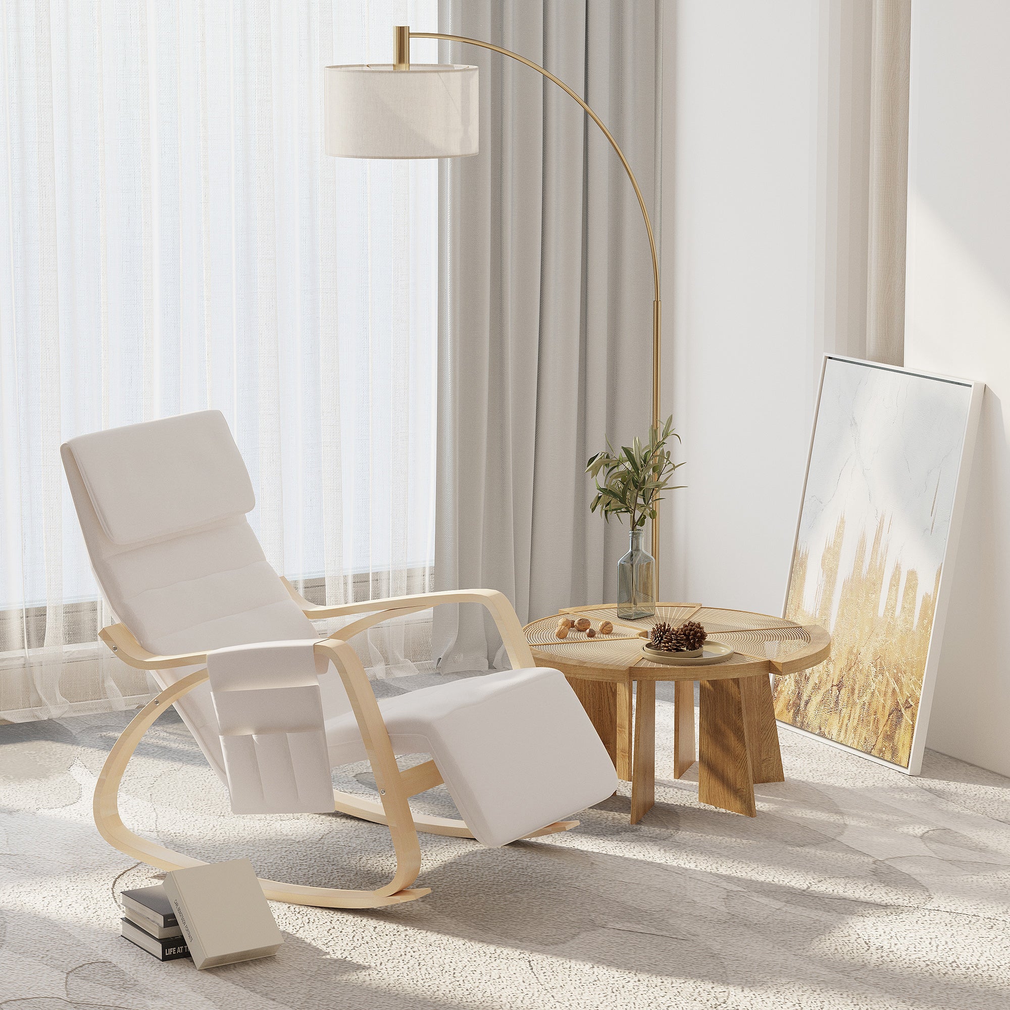 HOMCOM Rocking Lounge Chair Recliner Relaxation Lounging Relaxing Seat with Adjustable Footrest, Side Pocket and Pillow, Cream White - North Peak Garden Furniture