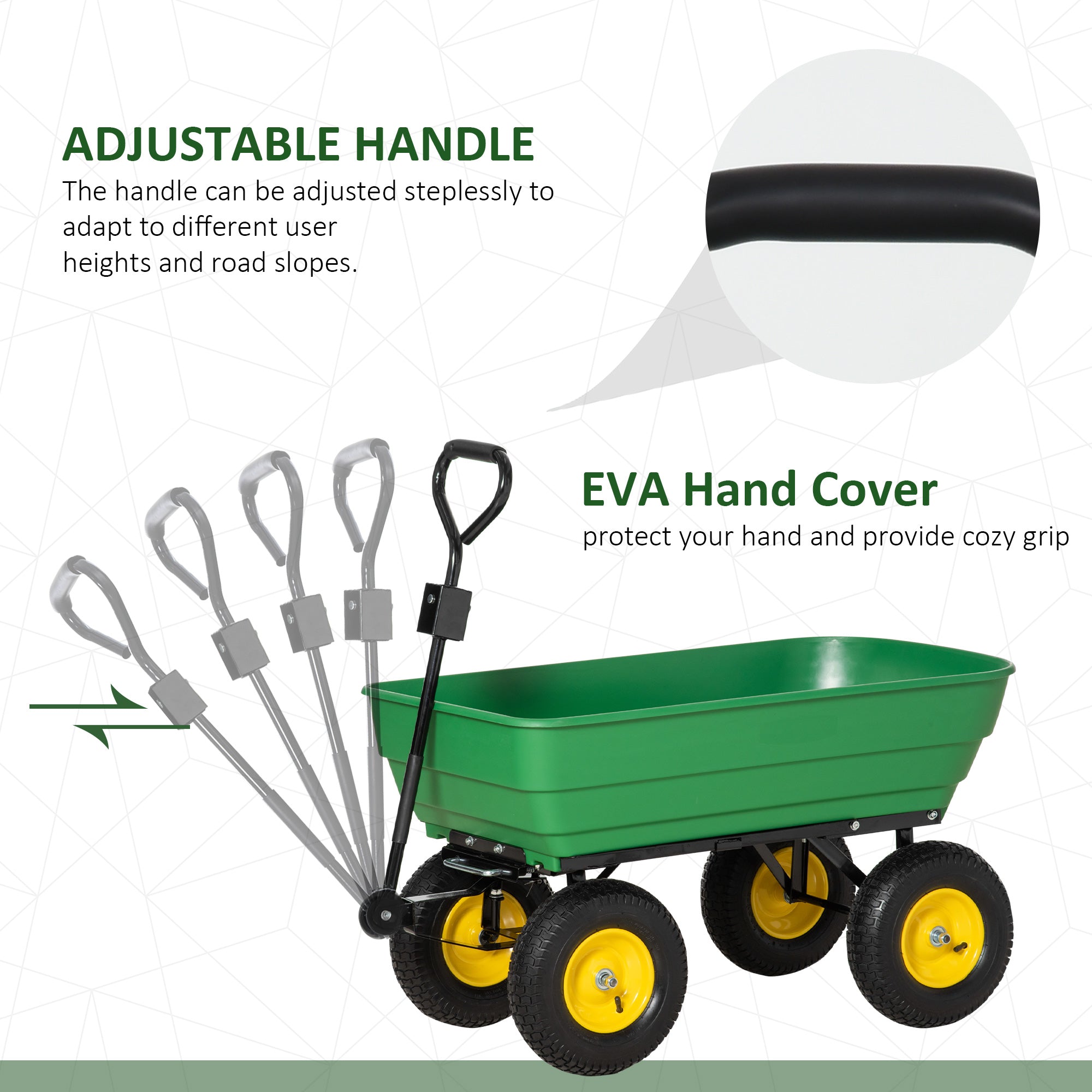 Outsunny 125 Litre Large Garden Cart Heavy Duty 4 Wheel Trolley Dump Wheelbarrow Tipping Truck Trailer - Green - North Peak Garden Furniture
