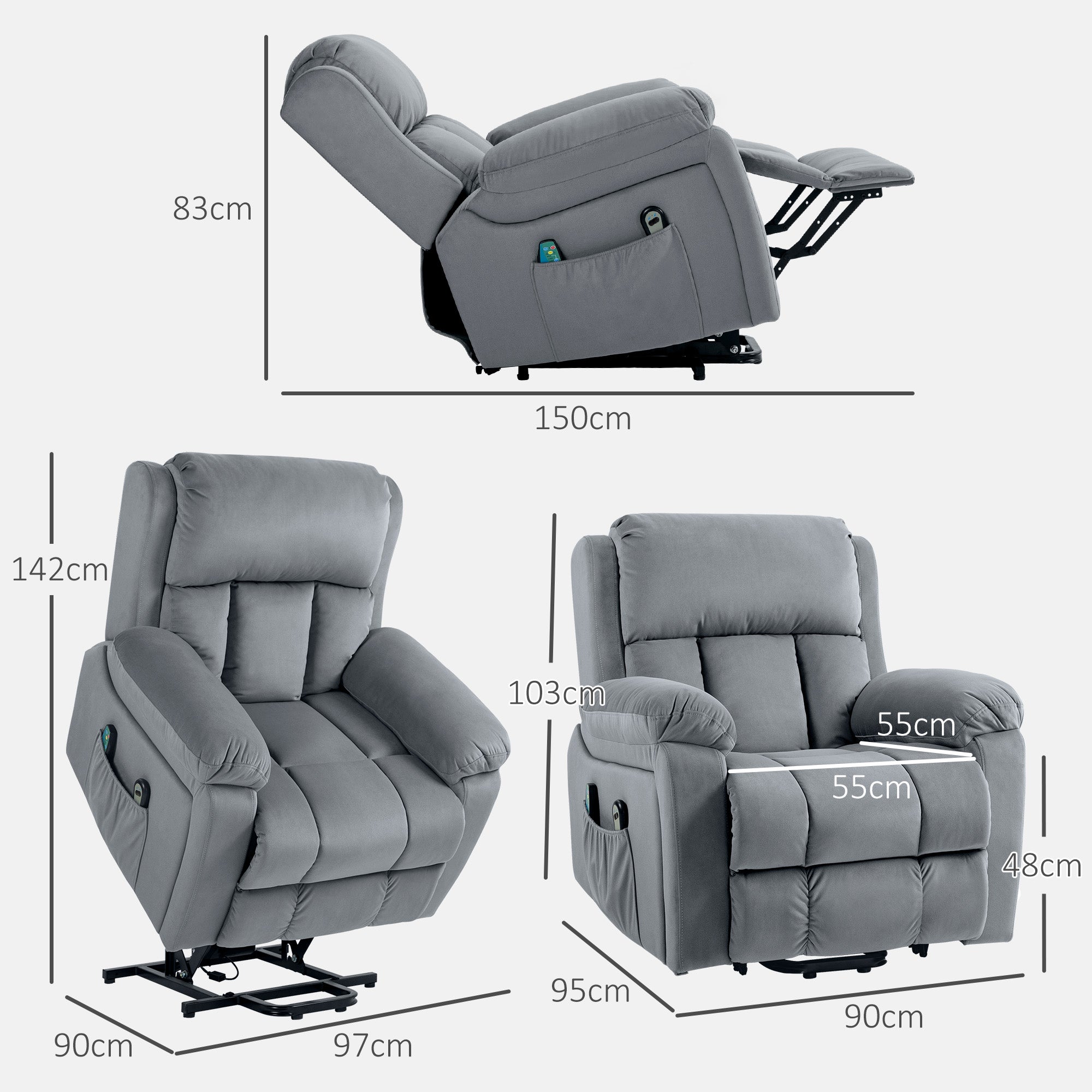 HOMCOM Eight Massage Point Electric Reclining Lift Chair, with Remote - Grey - North Peak Garden Furniture