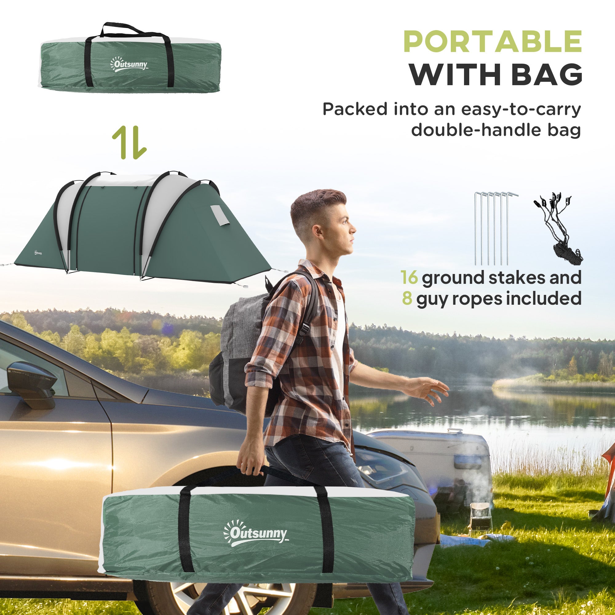 Outsunny Camping Tent with 2 Bedrooms and Living Area, 3000mm Waterproof Family Tent, for Fishing Hiking Festival, Dark Green - North Peak Garden Furniture