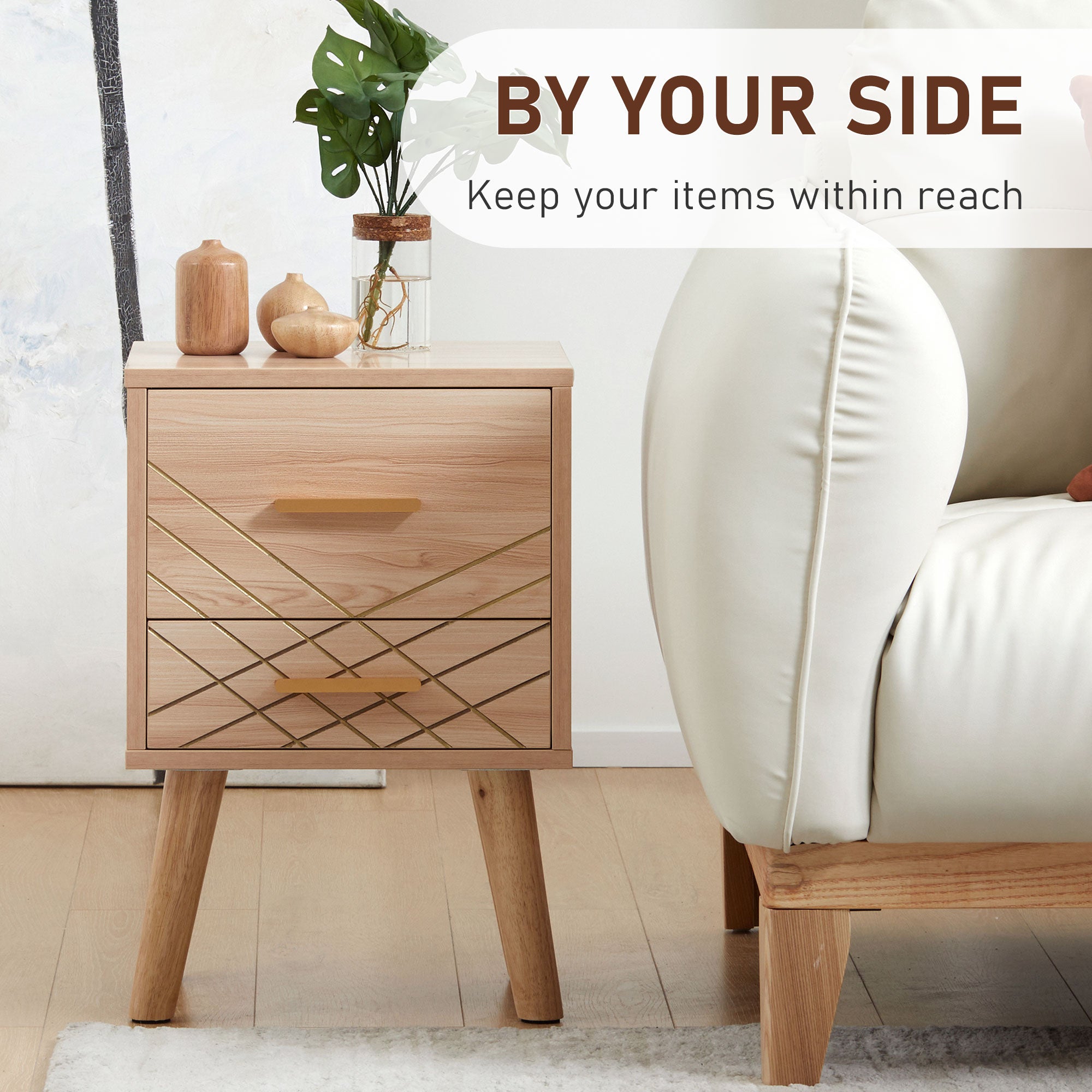 HOMCOM Bedside Cabinet, Scandinavian Bedside Table with Drawers, Bed Side Table with Wood Legs, Natural - North Peak Garden Furniture