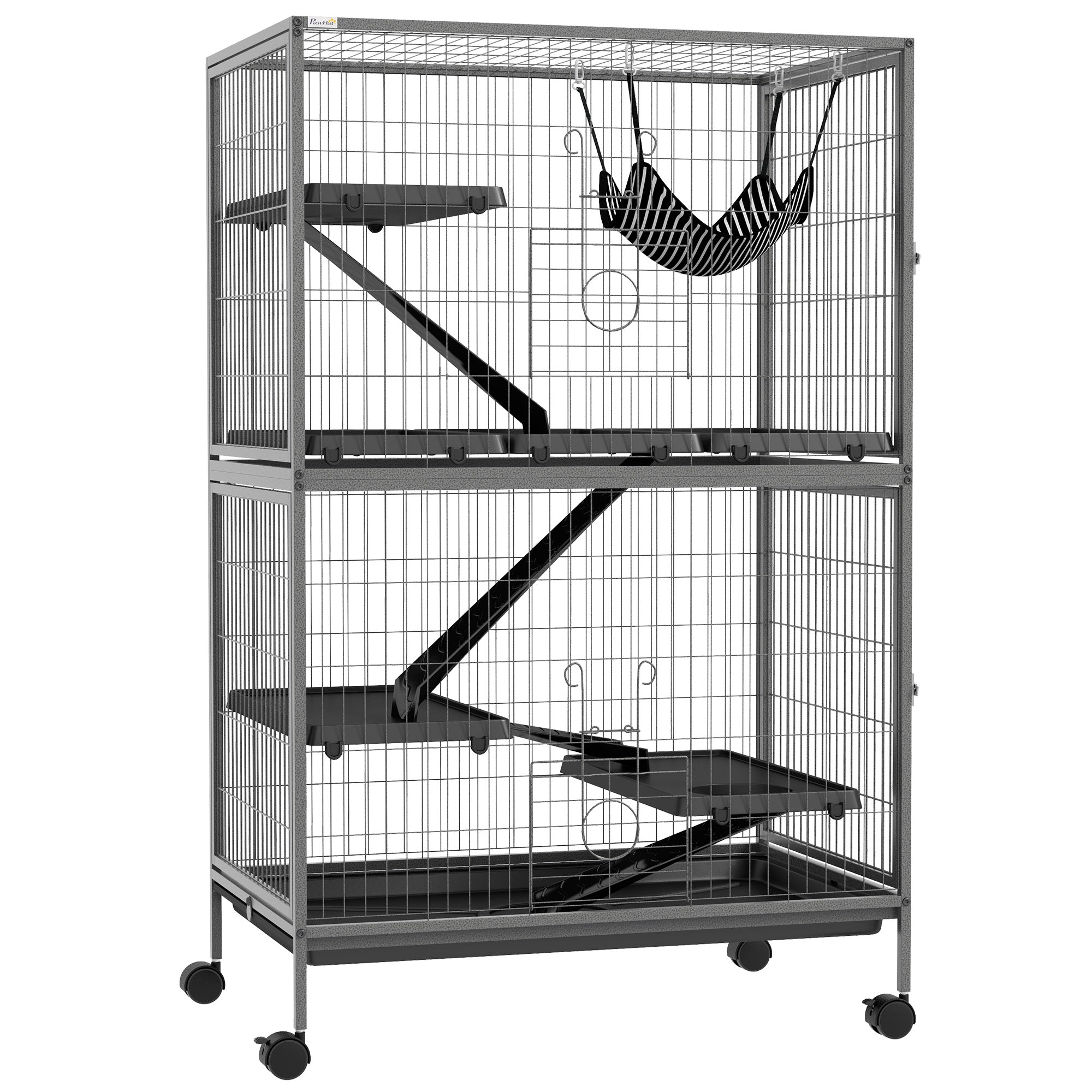 PawHut Small Animal Cage for Chinchilla Ferret Kitten on Wheels with Hammock Removable Tray, Grey - North Peak Garden Furniture