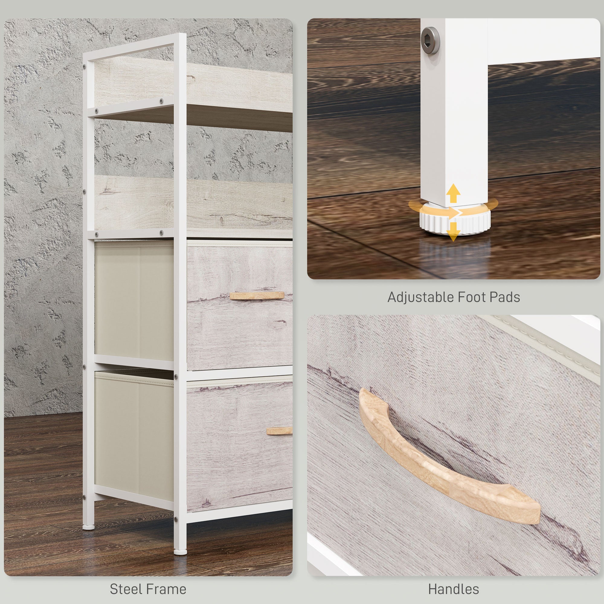 HOMCOM Rustic Chest of Five Fabric Drawers - Natural - North Peak Garden Furniture