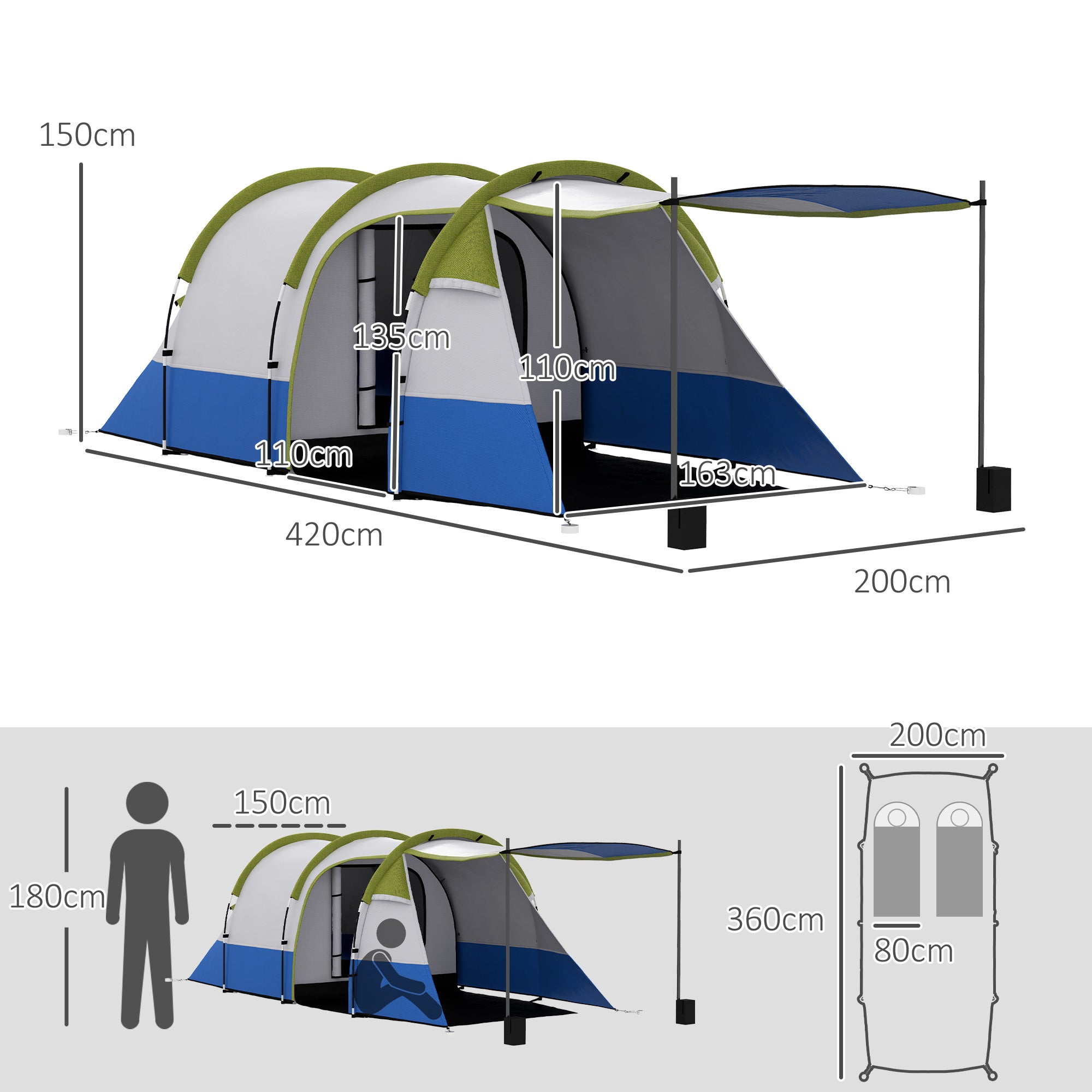 Outsunny Three Man Two-Room Tent, with Porch and Accessories - Green - North Peak Garden Furniture