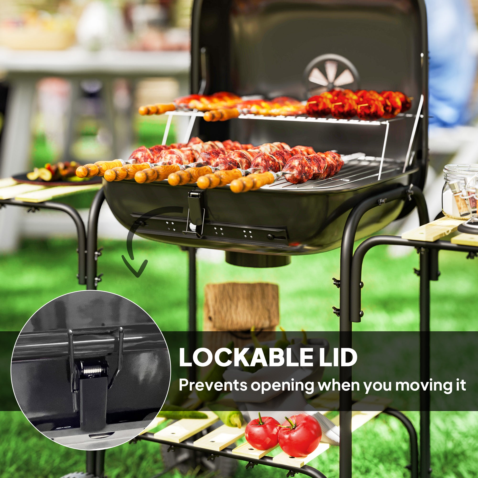 Outsunny Charcoal Barbecue Grill Portable BBQ Grill with 1840 cm² Cooking Area, 3 Shelves, Adjustable Vent, Lockable Lid, Wheels for Outdoor Cooking, Garden Party, Black - North Peak Garden Furniture