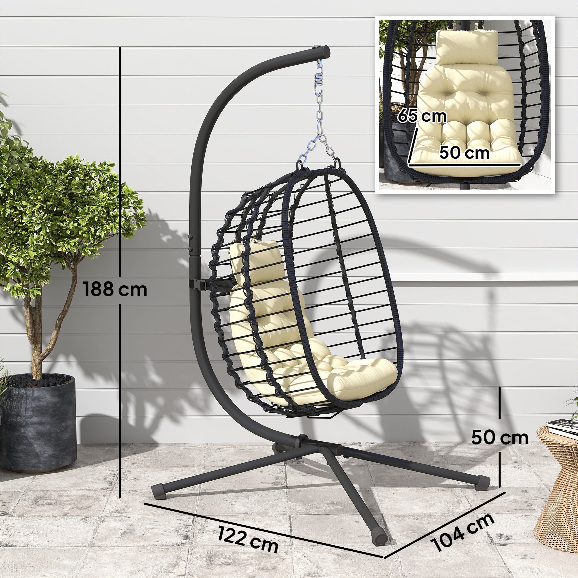 Outsunny Rattan Hanging Egg Chair, Foldable Wicker Hammock Swing Chair with Cushion, Stand, Adjustable Height, Head Pillow, Steel Frame for Garden Patio Indoor Outdoor, Cream White - North Peak Garden Furniture