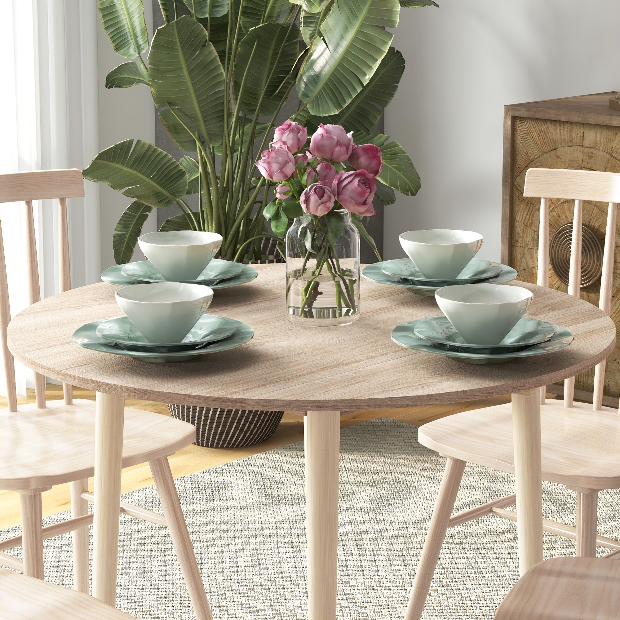 HOMCOM Folding Dining Table for 4, Round Drop Leaf Table, Modern Space Saving Small Kitchen Table with Wood Legs for Dining Room, Natural - North Peak Garden Furniture