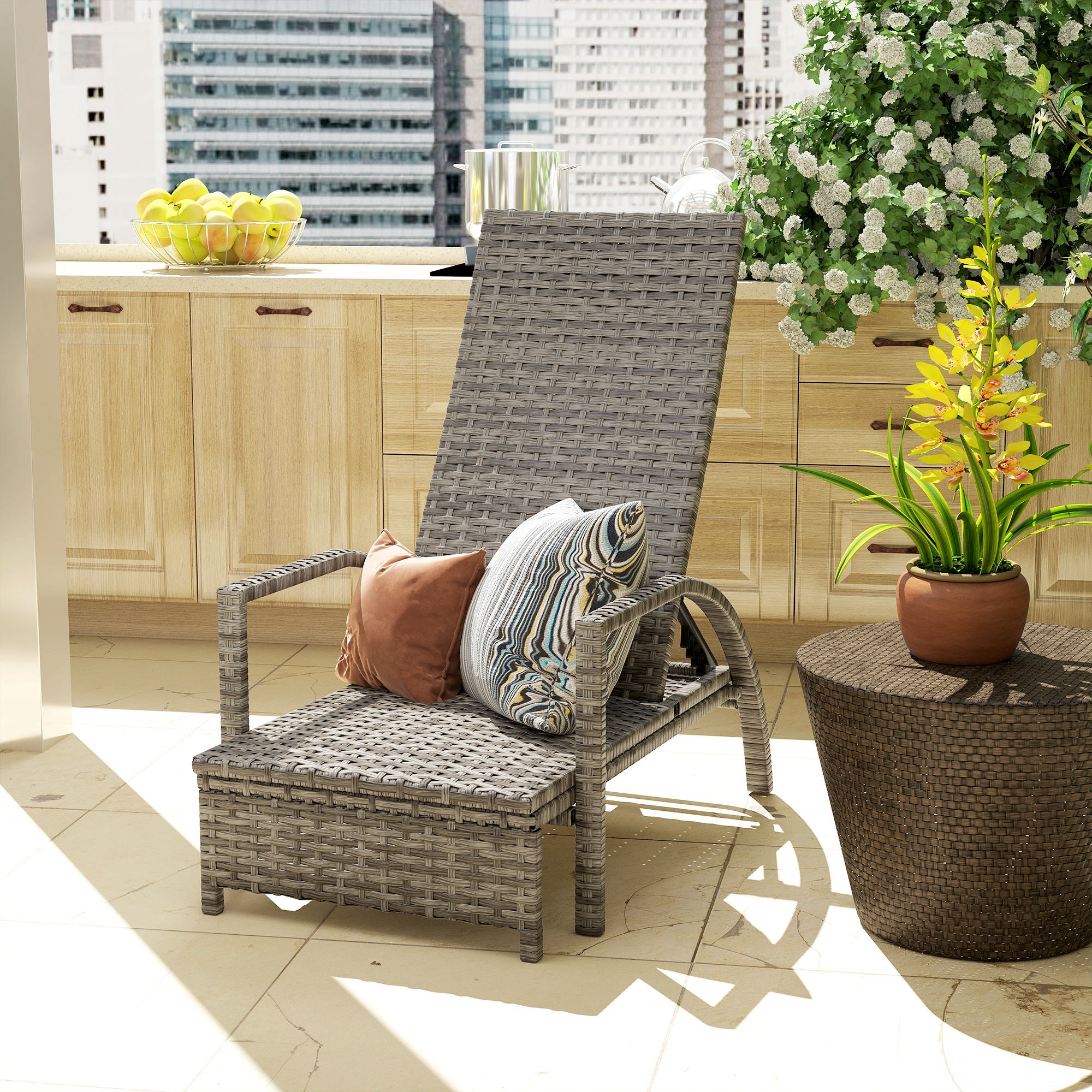 Outsunny PE Rattan Sun Lounger with Adjustable Backrest - Mixed-grey - North Peak Garden Furniture