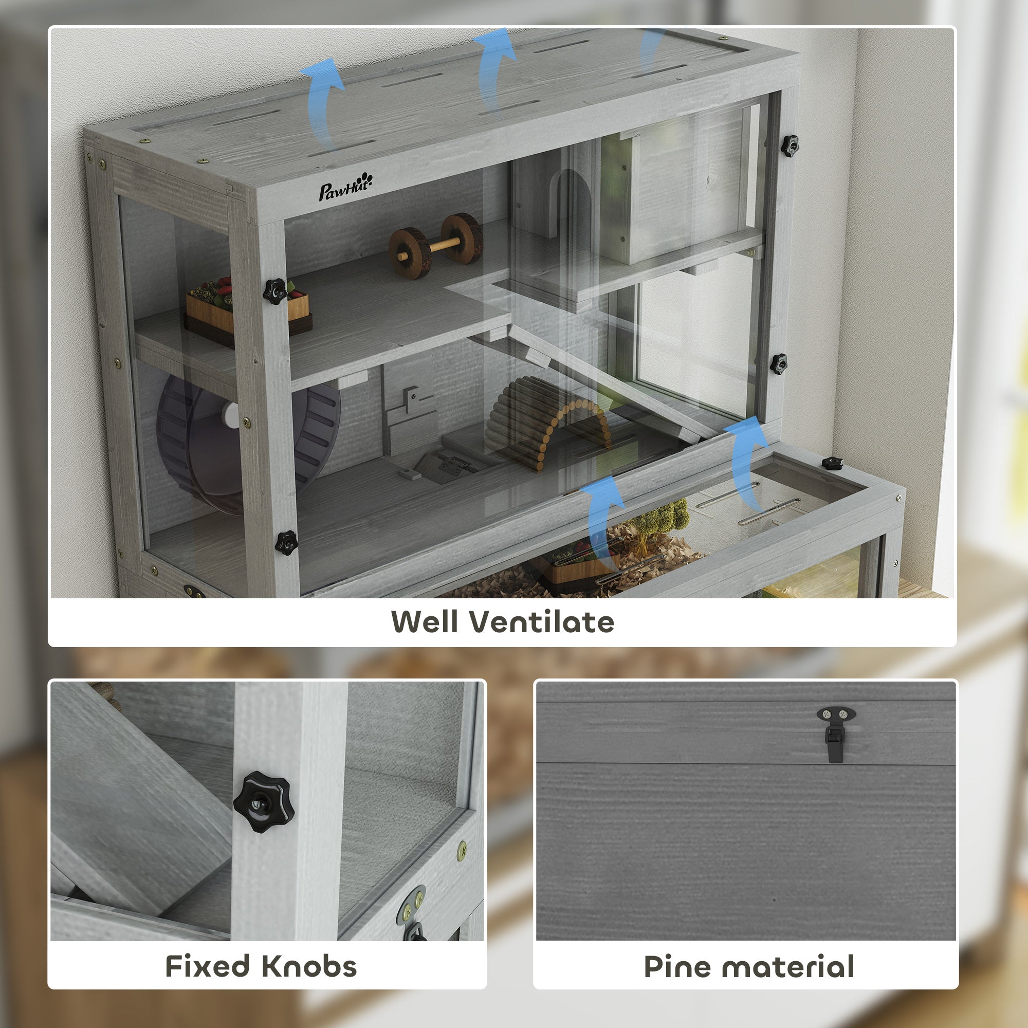 PawHut Wooden Hamster Cage with Hut, Wheel, Ramps, Removable Viewing Panels, 80 x 50 x 84 cm, Grey