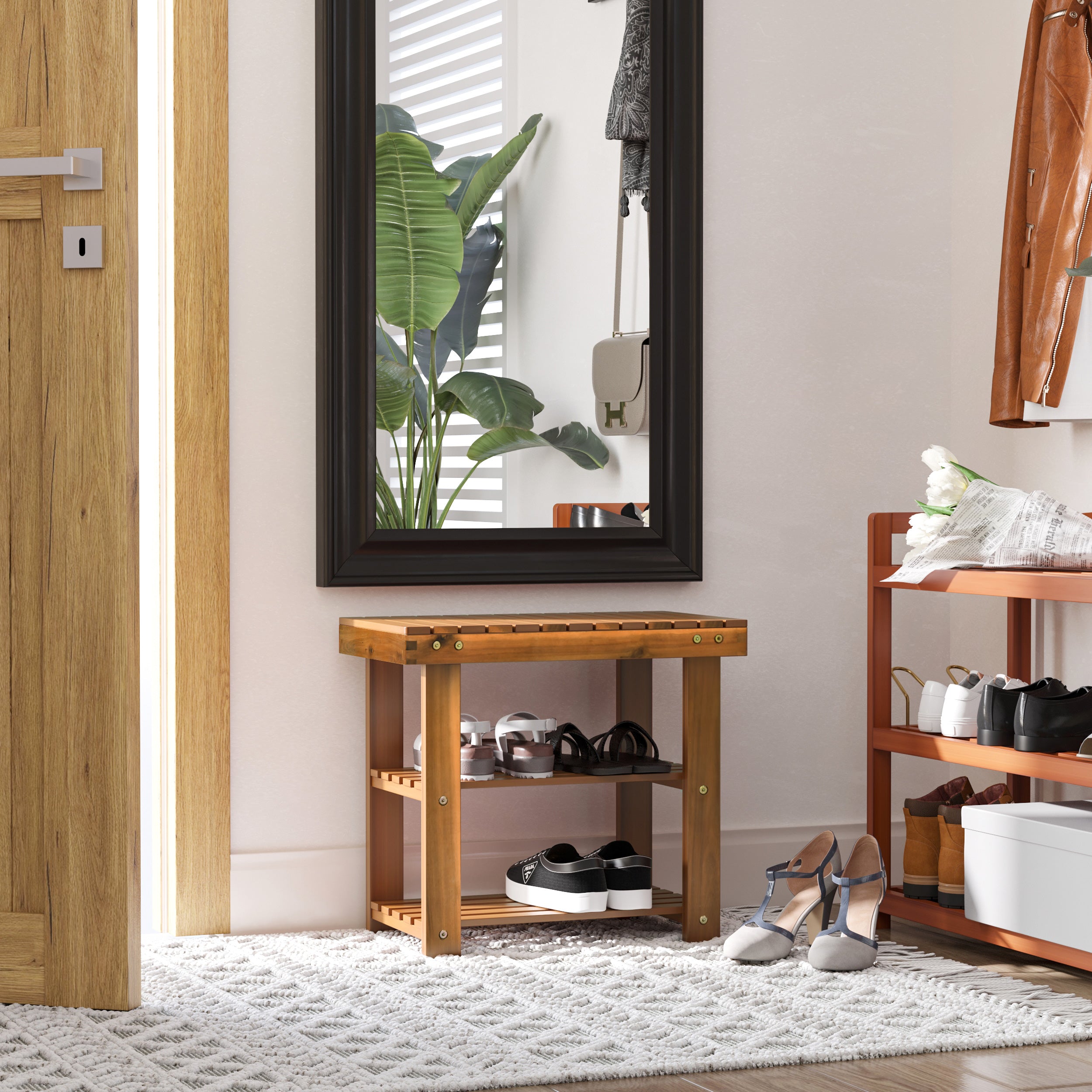 HOMCOM Acacia Wood Shoe Bench, 3-Tier Shoe Storage Rack, Hallway Organizer Shelf, for Entryway, Living Room, Bedroom, 50 x 28 x 45 cm, Teak - North Peak Garden Furniture