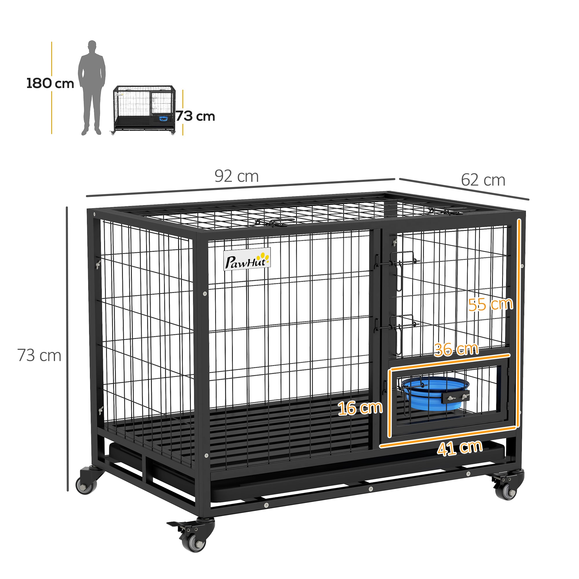 PawHut Heavy Duty Dog Crate on Wheels w/ Bowl Holder, Removable Tray, Openable Top, Detachable Door, for M, L Dogs