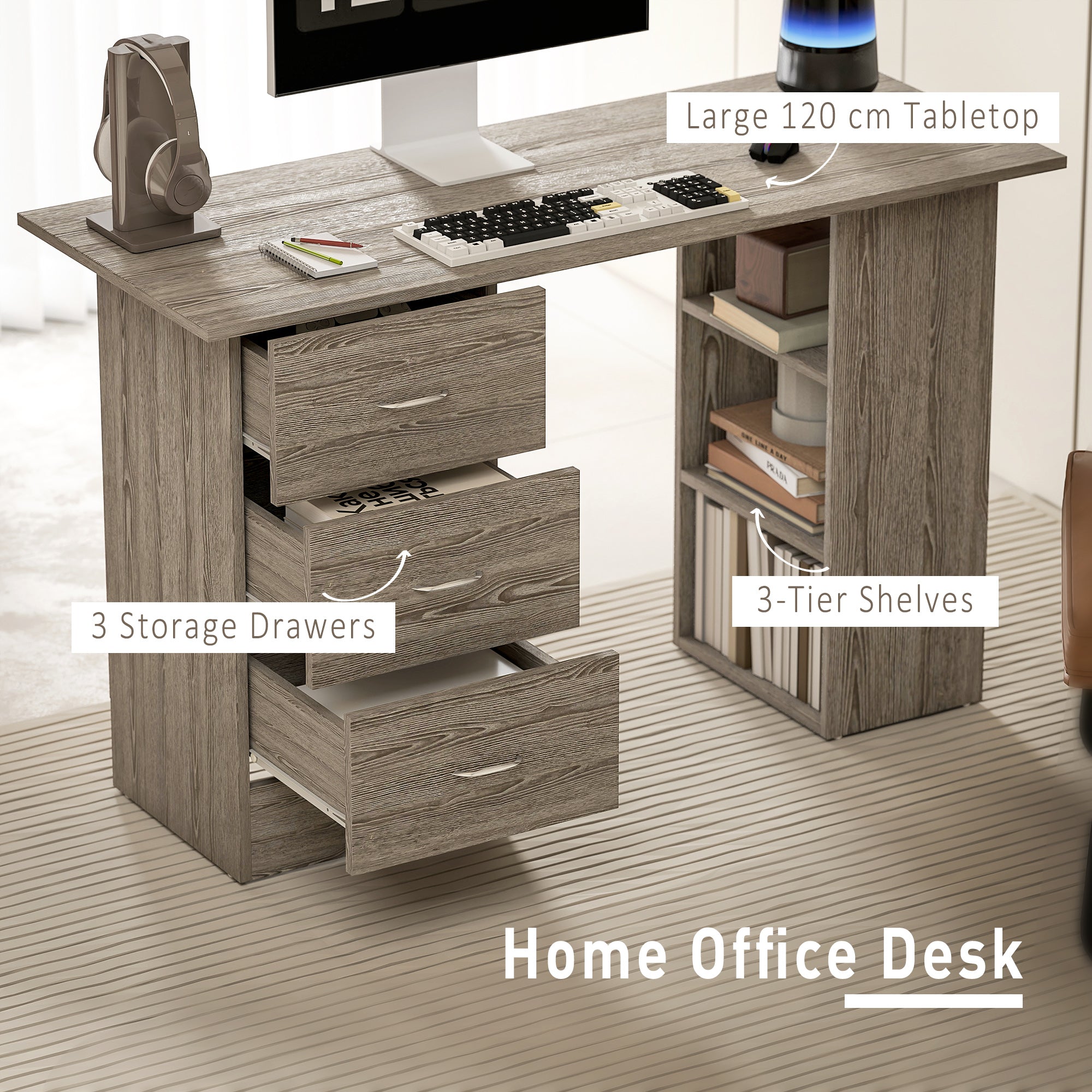 HOMCOM Computer Desk, Writing Table, PC Workstation with 3 Storage Shelves and Drawers, Silver Handle, for Home Office, Grey