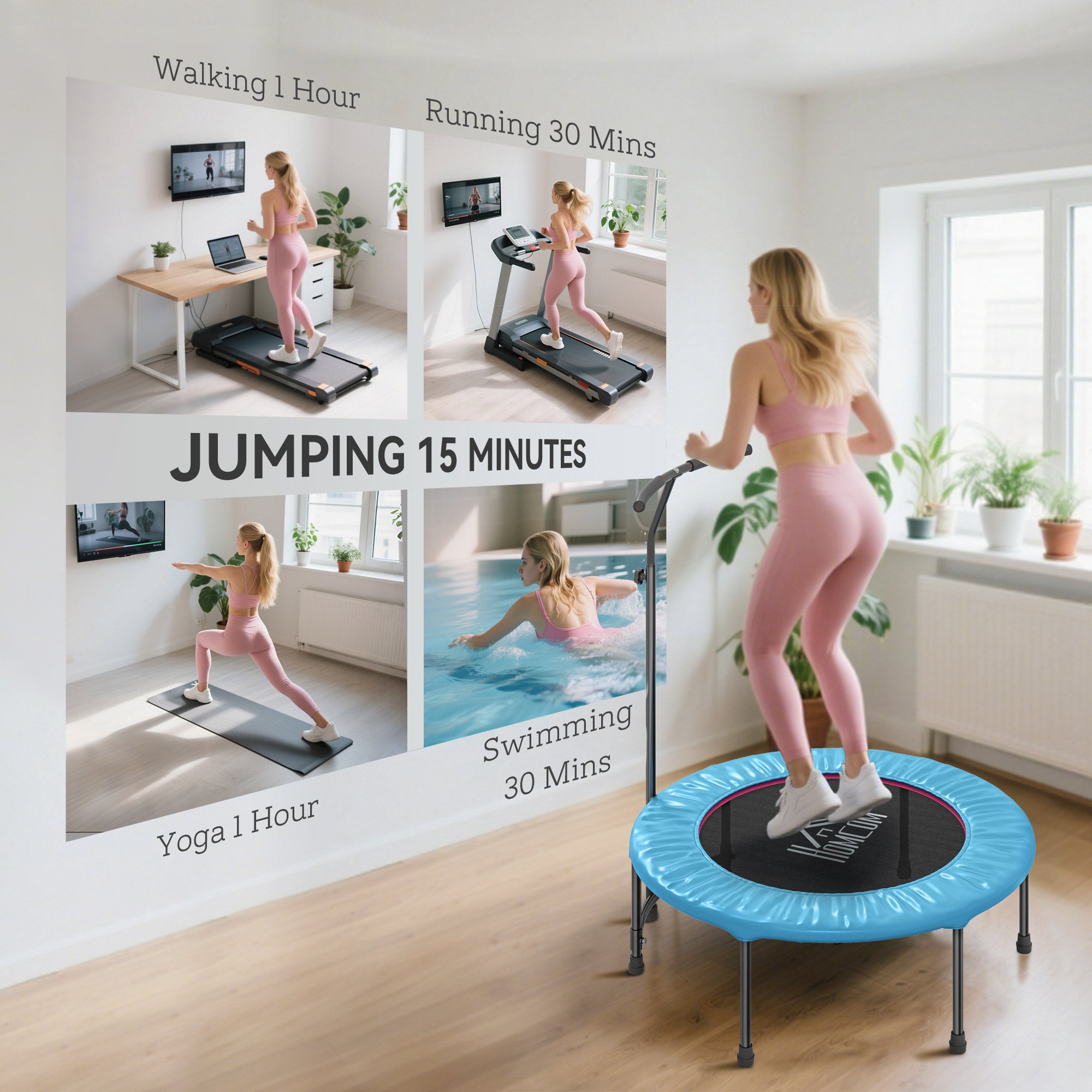 HOMCOM 40'' Fitness Trampoline with Adjustable Handle, Rebounder Trampoline Mini Jumper for Indoor Exercise Workout, Support Up to 100kg, Blue