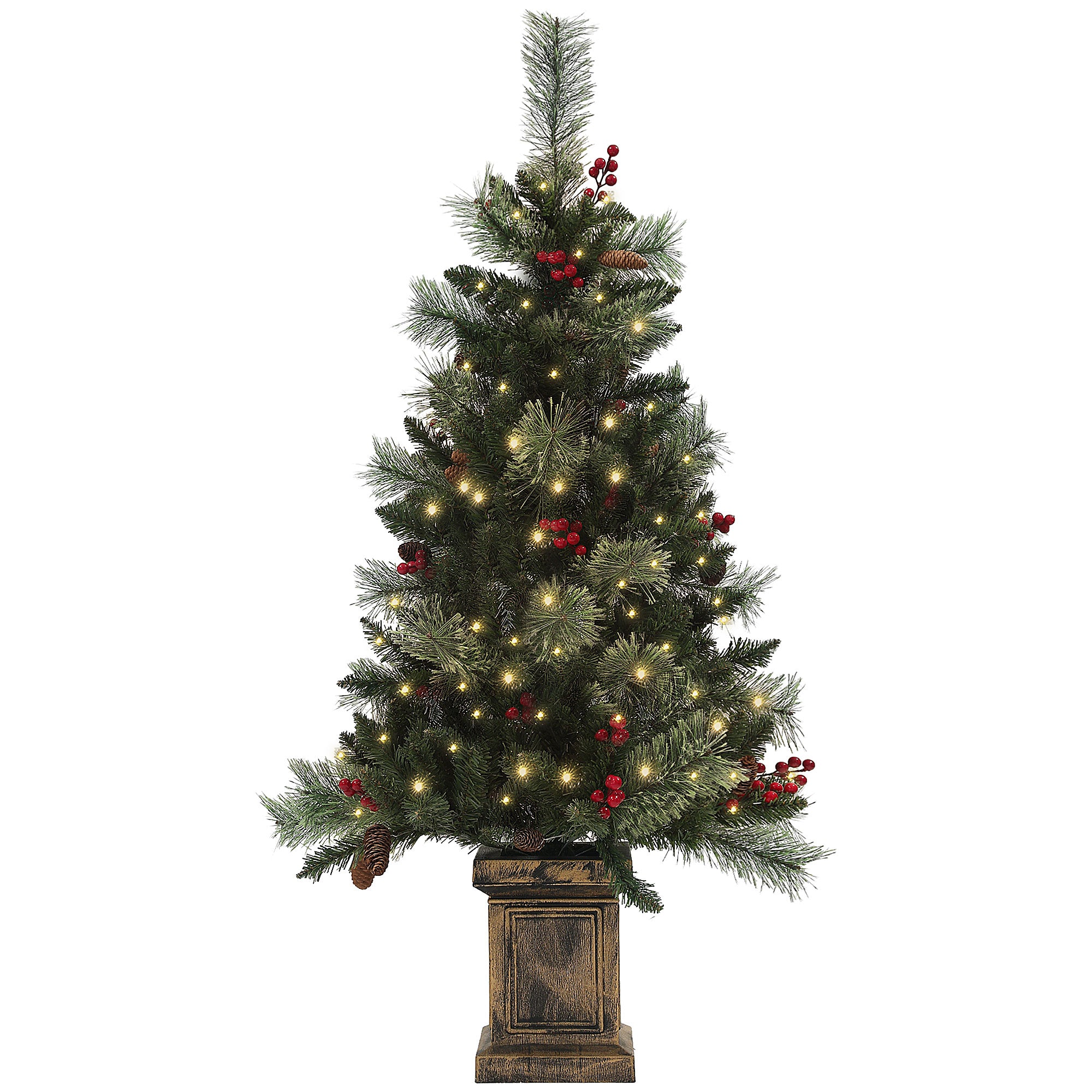 HOMCOM 1.2m/4ft Artificial Christmas Tree with 100 Warm White LED Lights and 8 Modes, Small Xmas Tree with Red Berries, Pine Cones and Retro Base, Green - North Peak Garden Furniture