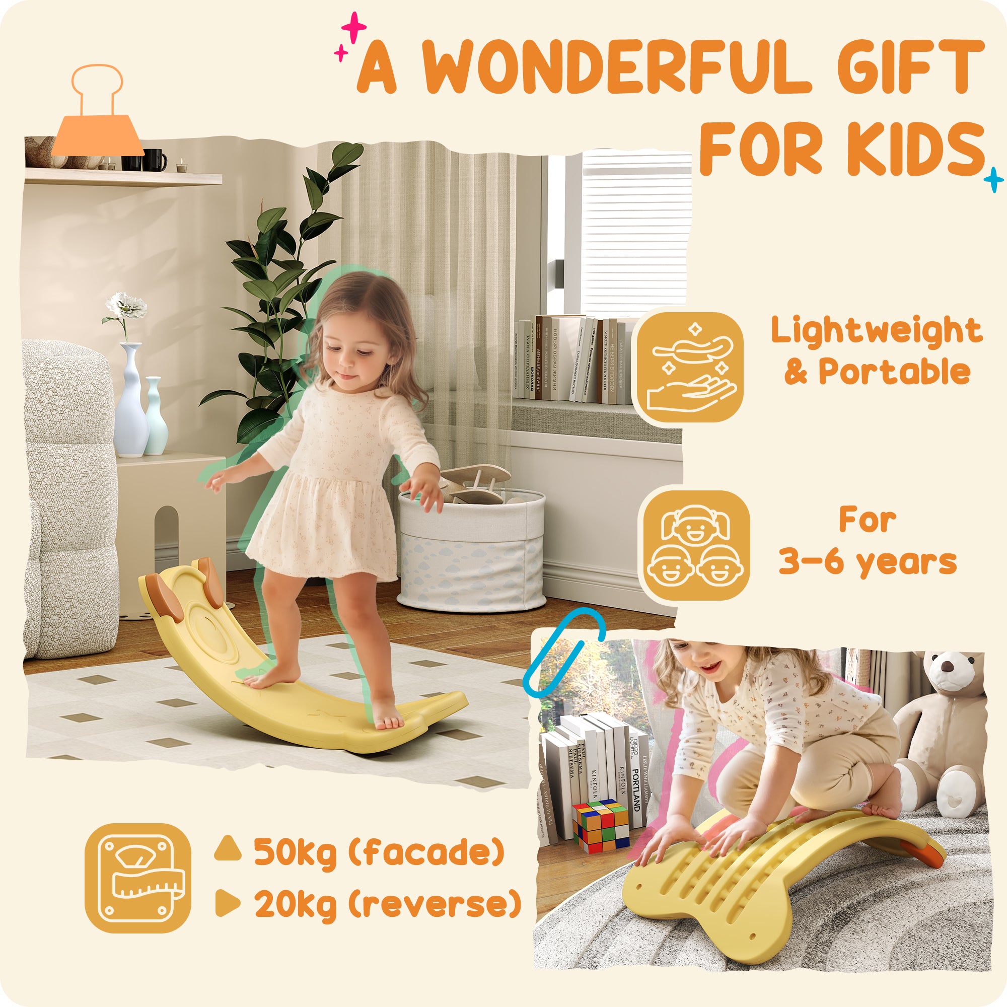 AIYAPLAY Balance Board for Kids Balance Training & Sensory Play, Yellow - North Peak Garden Furniture