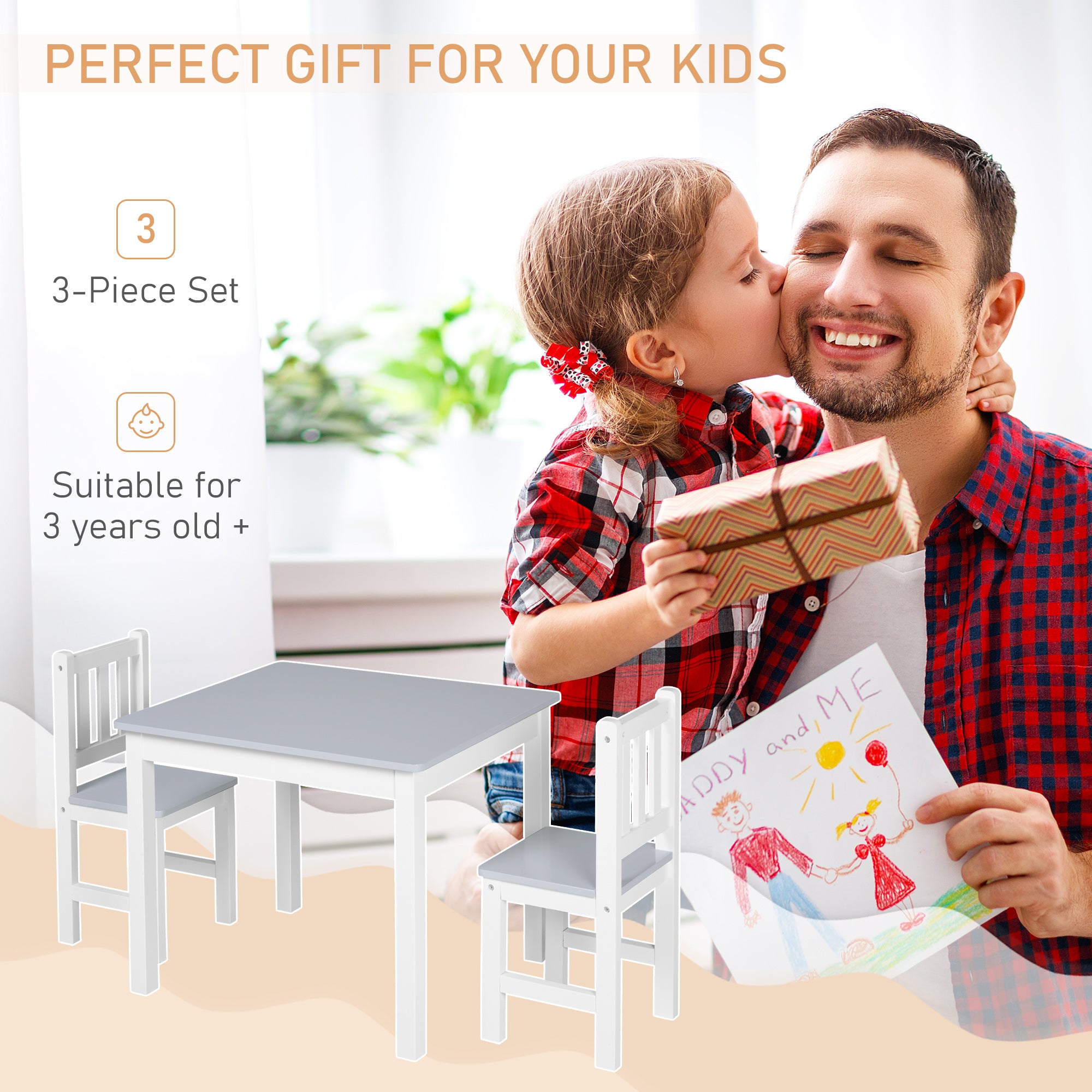 HOMCOM Kids Table and Chair Set 3 Pieces Toddler Preschoolers Desk with 2 Chairs for Indoor Study Rest Snack Time Grey - North Peak Garden Furniture