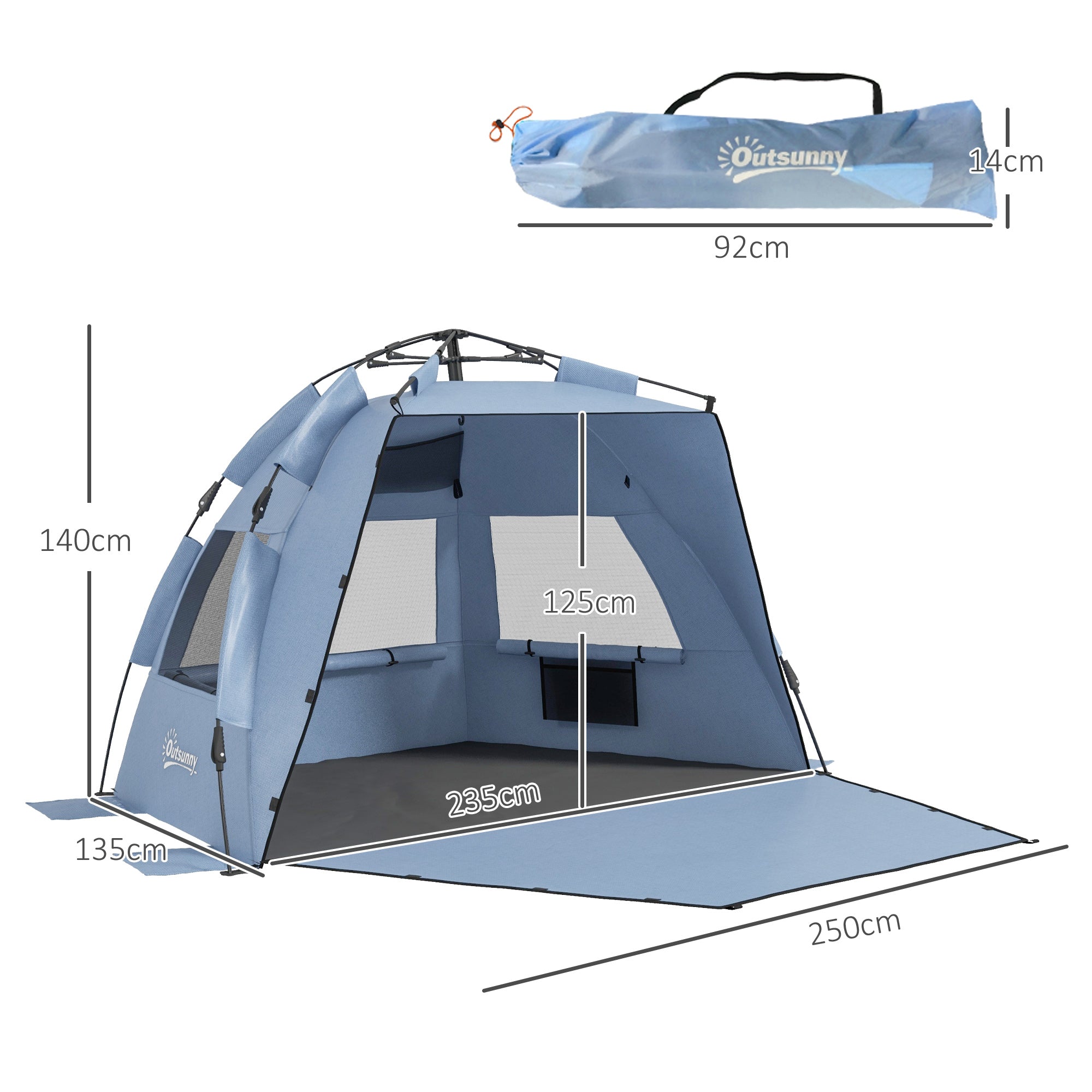 Outsunny 2-3 Person Pop Up Beach Tent, UPF15+ Sun Shelter with Extended Floor, Sandbags, Mesh Windows and Carry Bag, Light Blue