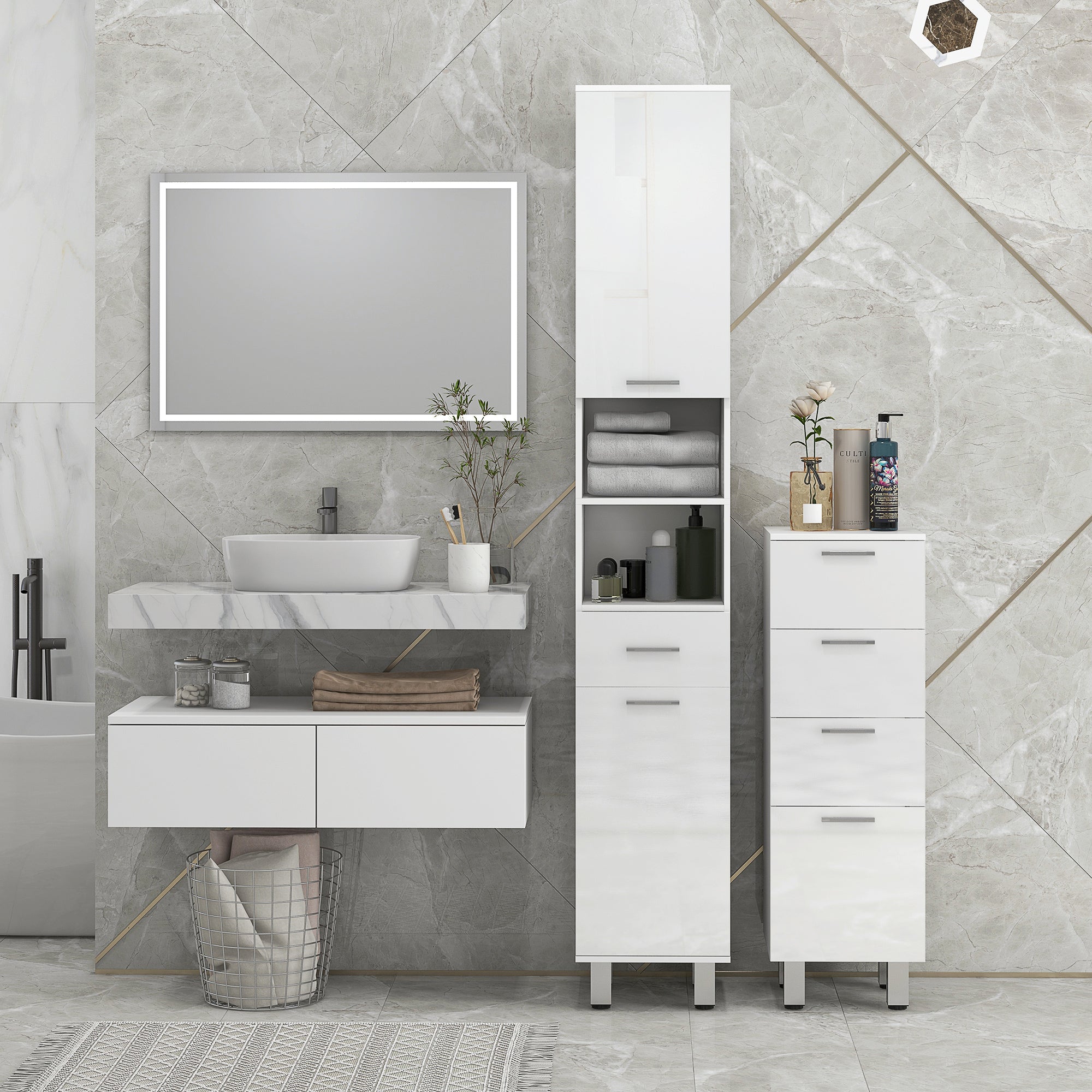kleankin 71" Tall Slim Bathroom Storage Cabinet, Tall Narrow Cupboard with Drawer, Open Shelves, 2 Doors Cabinets and Adjustable Shelves for Kitchen, Hallway, Living Room, High Gloss White