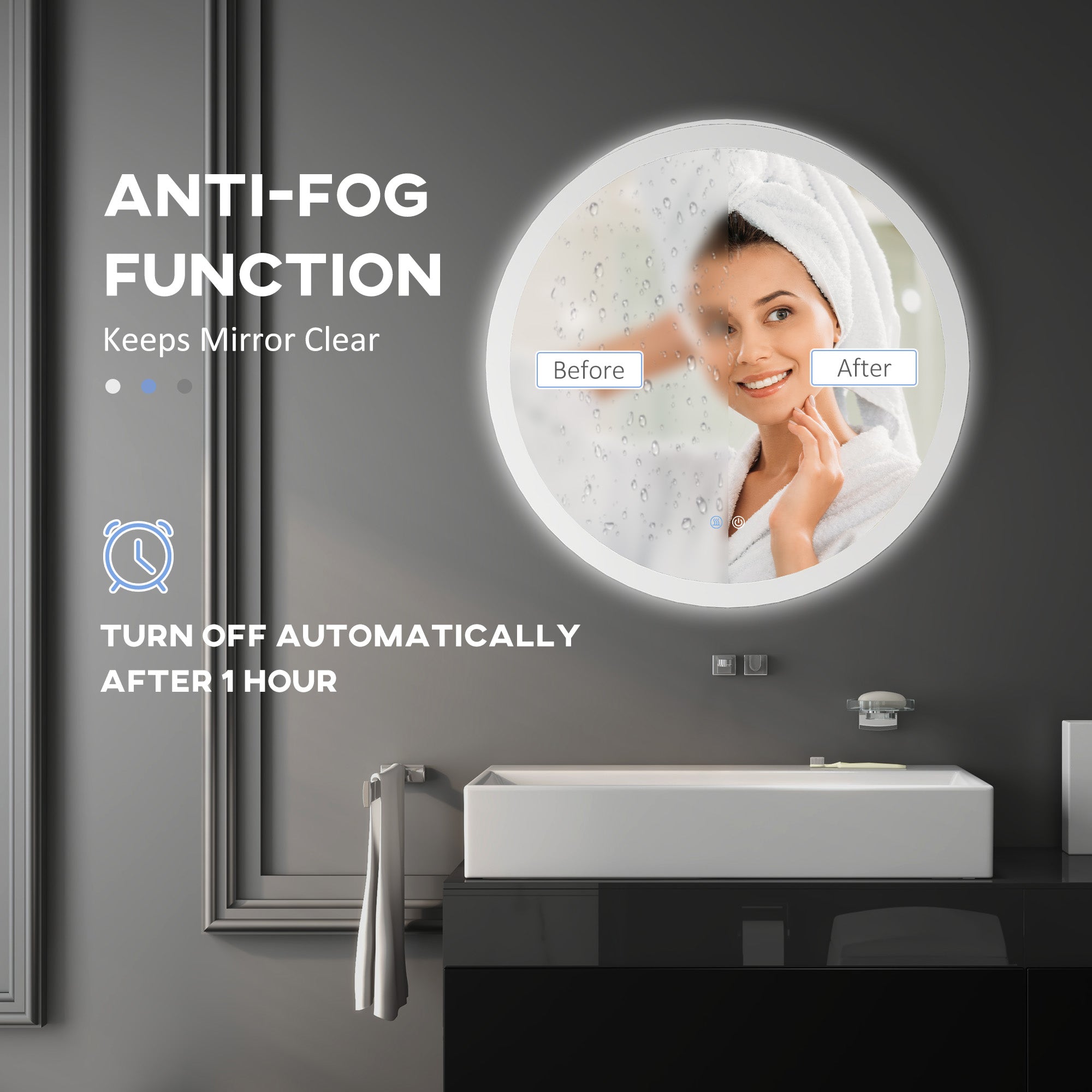 kleankin Round Bathroom Mirror with LED Lights, Wall-Mounted Dimmable Makeup Mirror with 3 Temperature Colours, Defogging Film, Memory Function, Hardwired, 70 x 70 cm - North Peak Garden Furniture