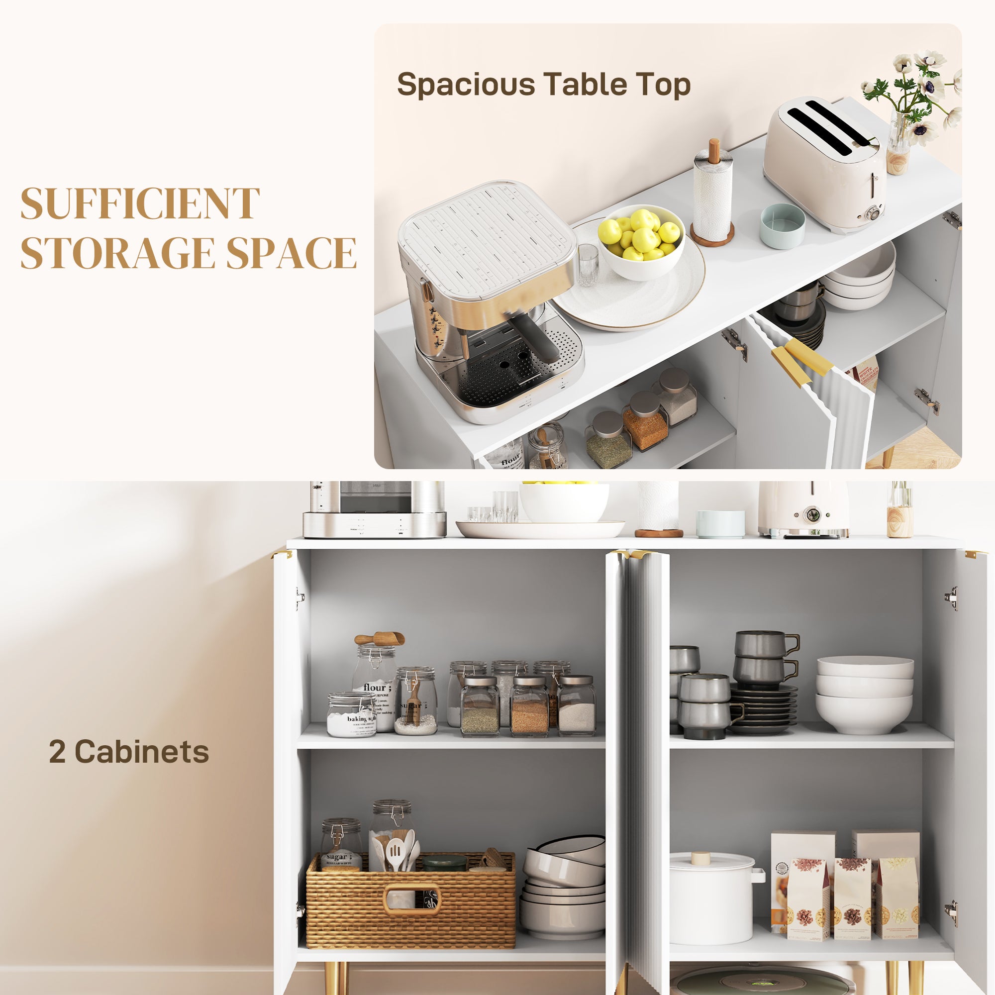 HOMCOM Sideboard Buffet Cabinet, Modern Kitchen Storage Cabinet with 4 Doors and Adjustable Shelves, Living Room Cabinet with Metal Legs for Hallway, White - North Peak Garden Furniture