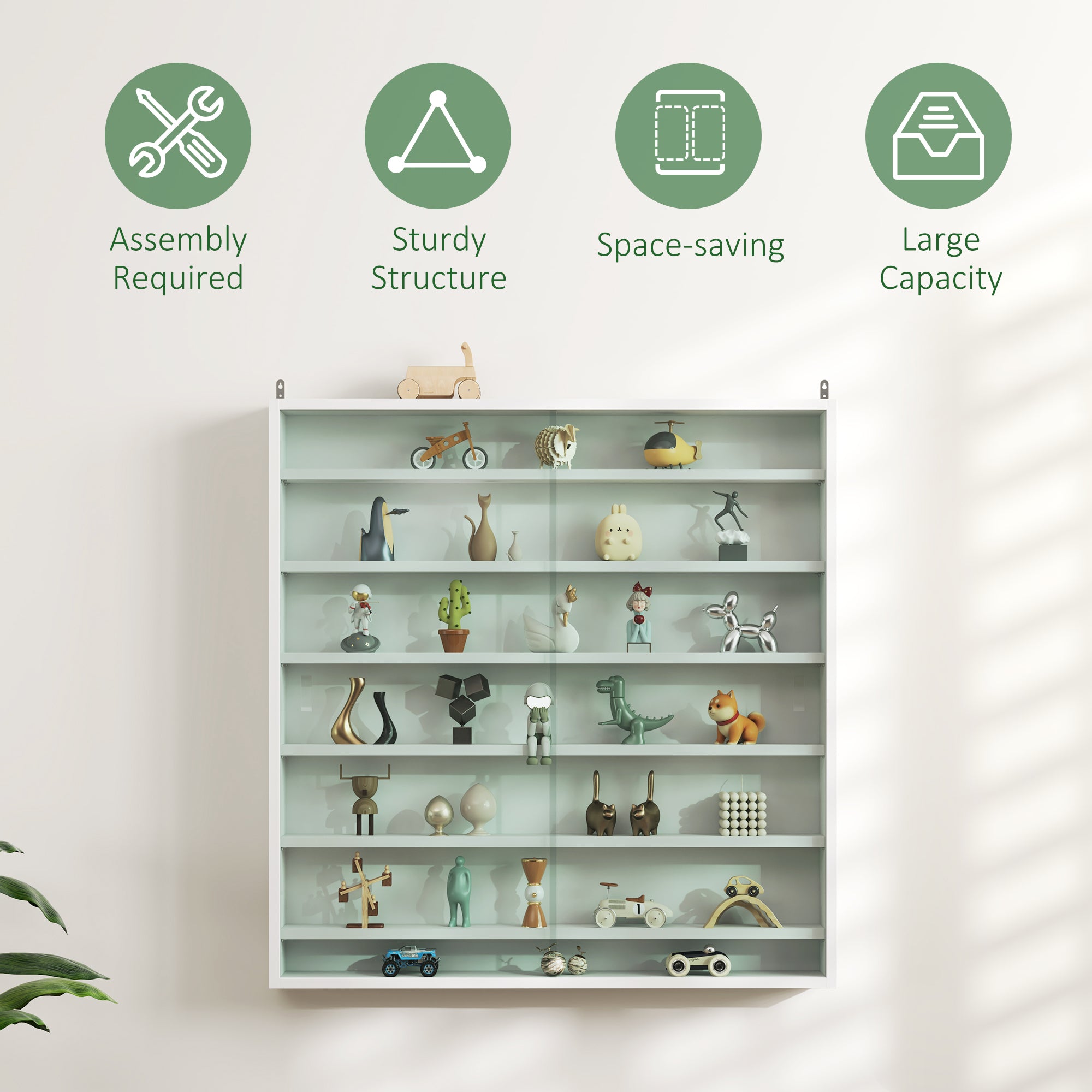 HOMCOM 7-Tier Wall Display Shelf Unit Cabinet w/ 6 Adjustable Shelves Glass Doors Home Office Ornaments 83x80cm, White - North Peak Garden Furniture