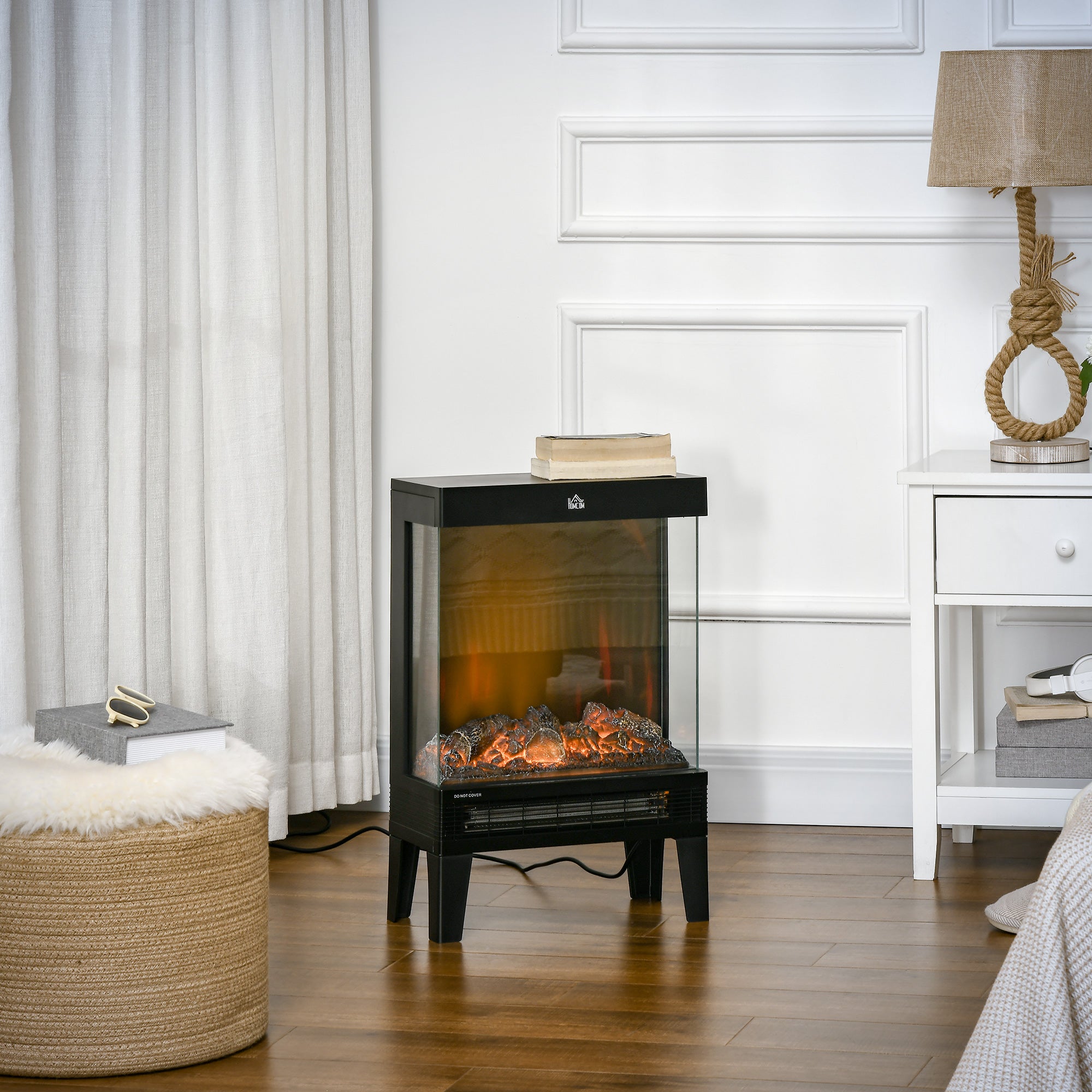 HOMCOM 180° Charming Electric Fireplace Heater, Quiet Freestanding Stove with LED Flame Effect, 3-Sided Tempered Glass Panels, Level-less Temperature Control, Overheat Protection, 1000W/2000W, Black