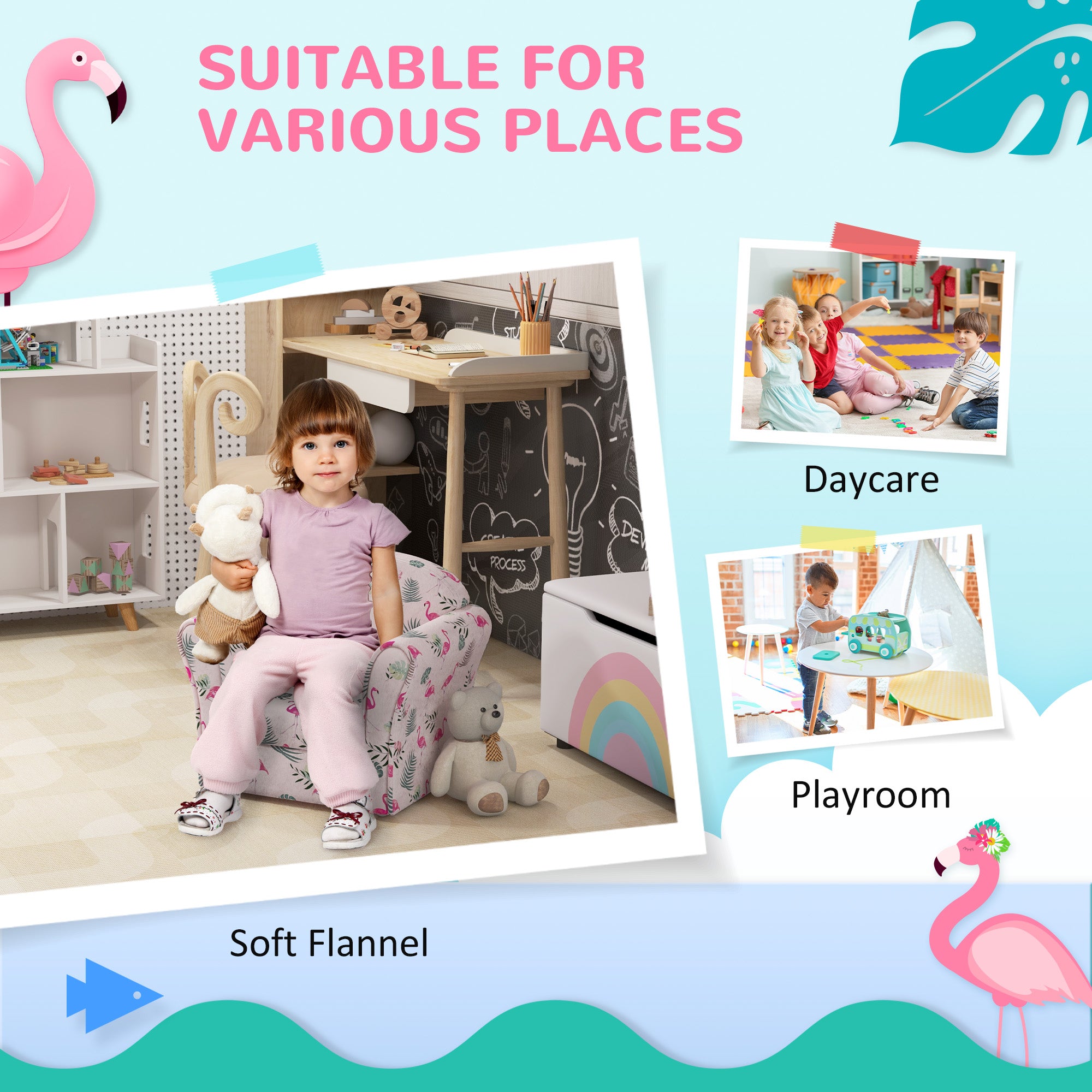 AIYAPLAY Kids Armchair with Flamingo Design, Wooden Frame, for Bedroom, Playroom, Kids Room, Pink - North Peak Garden Furniture