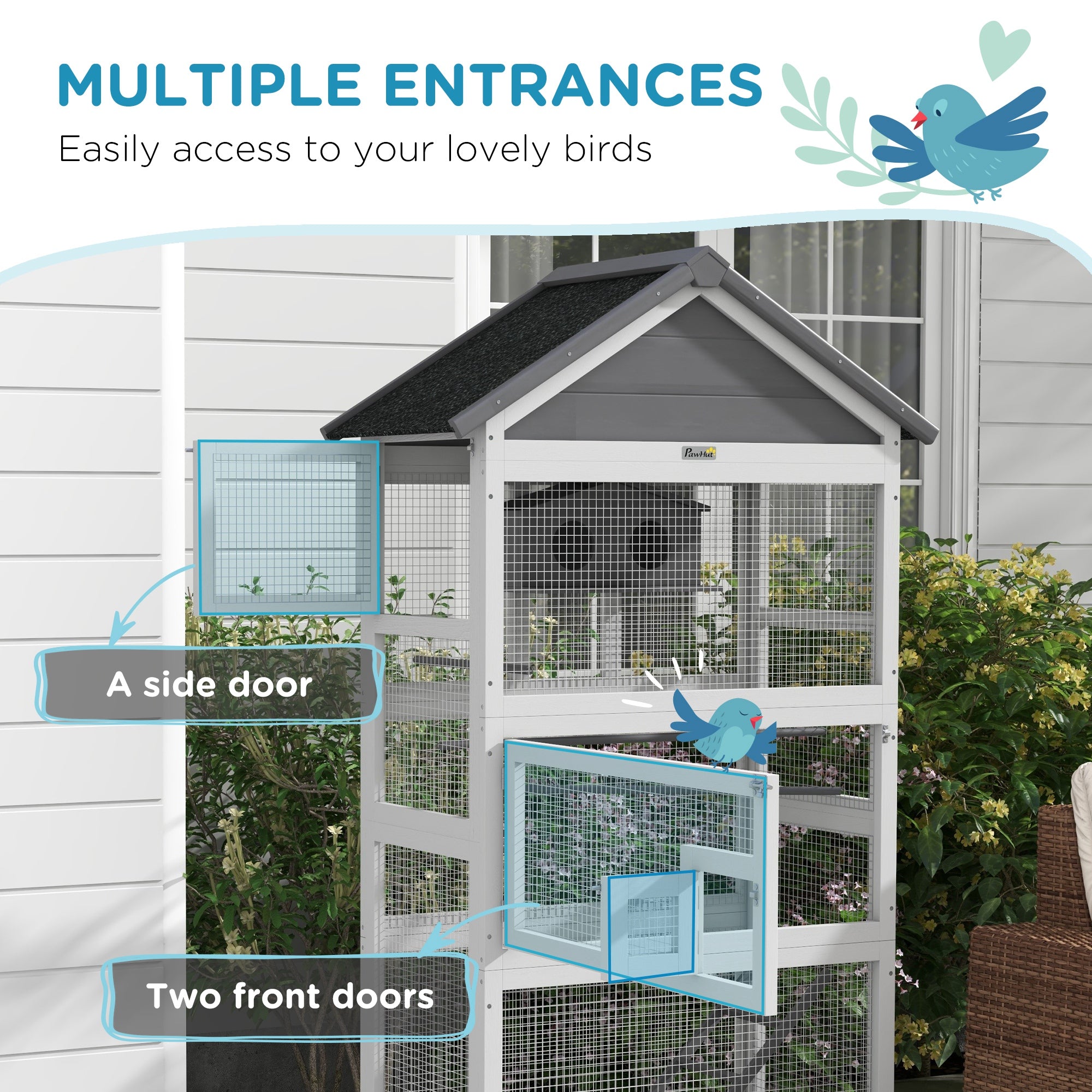 PawHut Wooden Bird Cage, with Stand, for Finches, Parakeets, Small birds - Grey - North Peak Garden Furniture