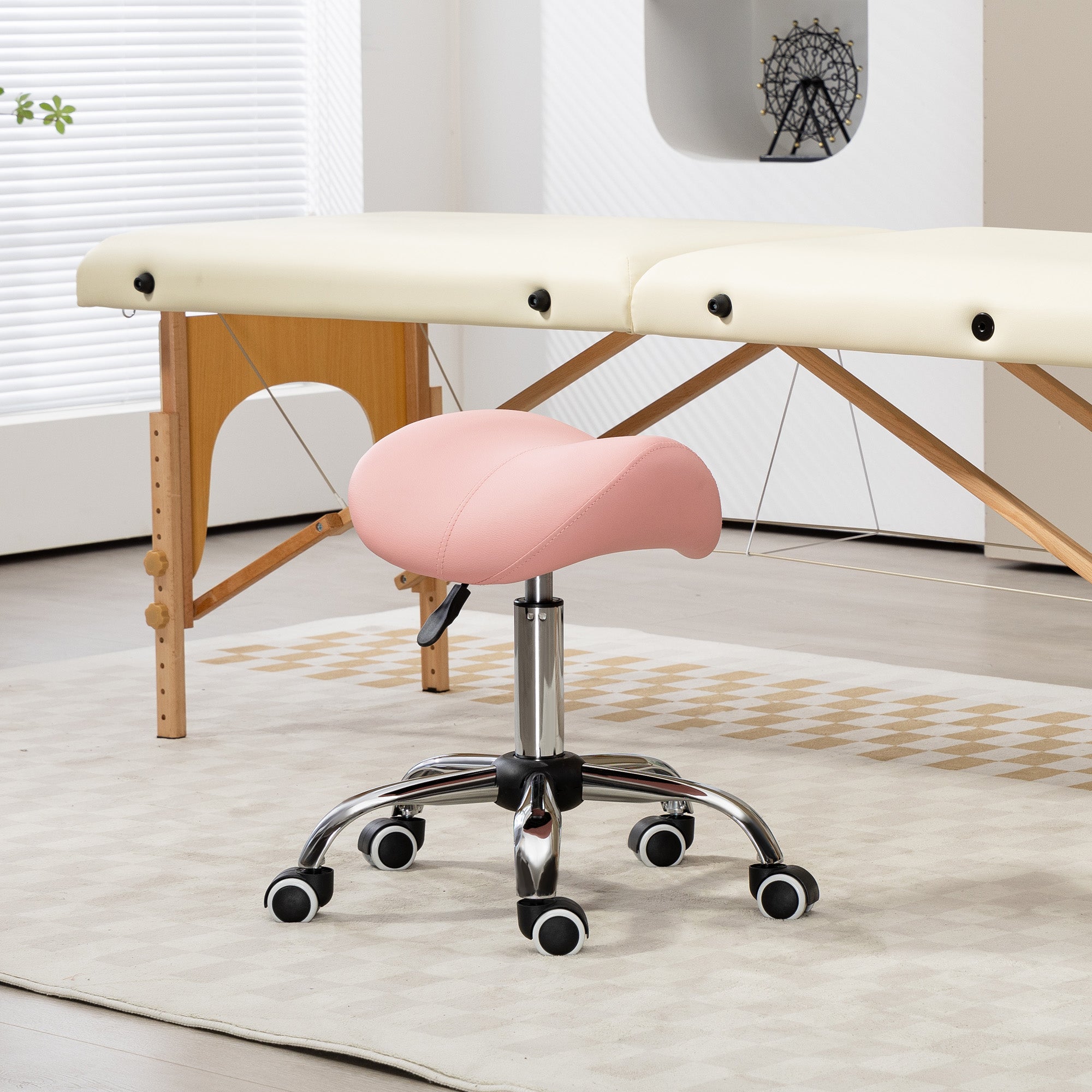 HOMCOM Saddle Stool, Height Adjustable Salon Chair for Massage Spa, Faux Leather, Pink - North Peak Garden Furniture