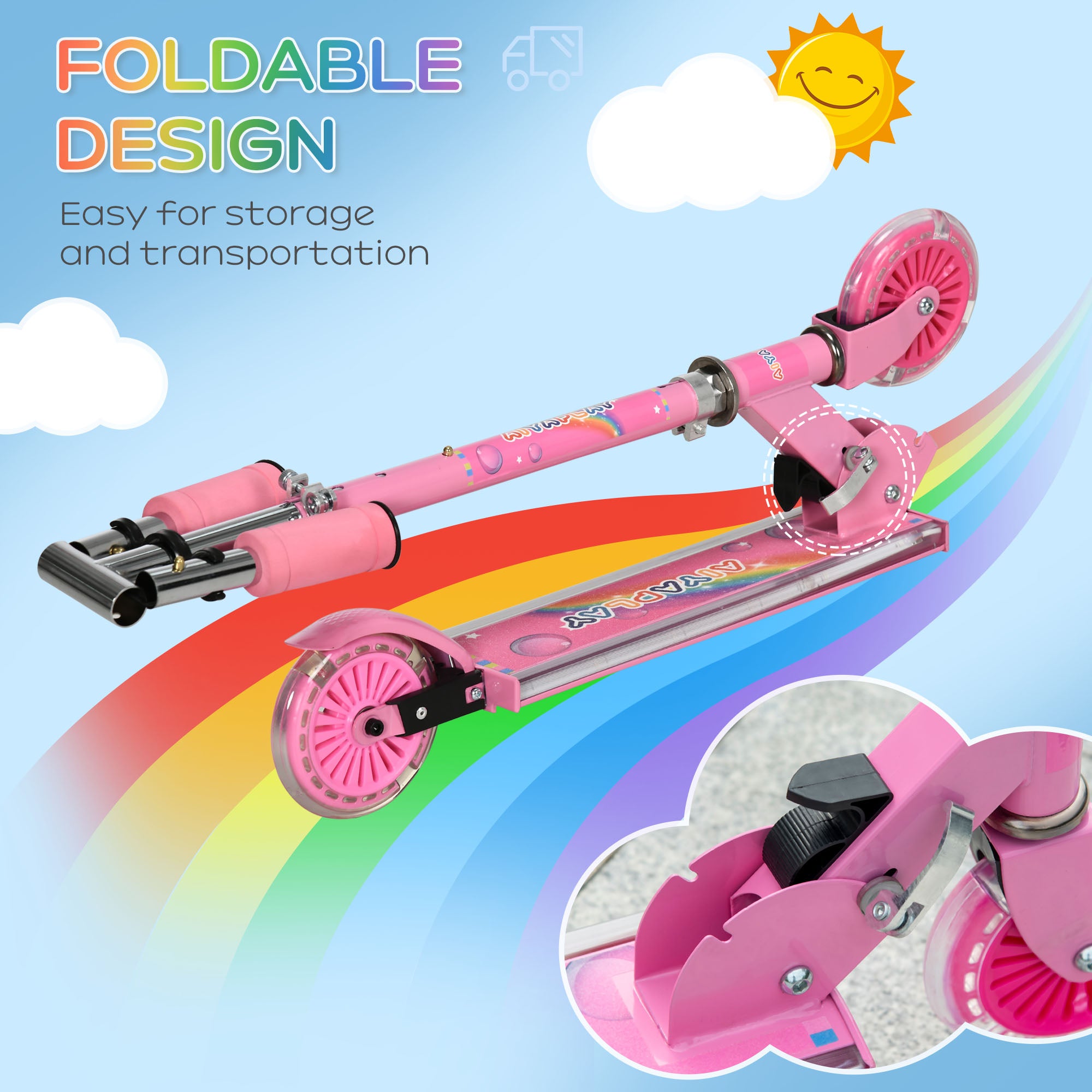 HOMCOM Kids Scooter, with Lights, Music, Adjustable Height, Foldable Frame, for Ages 3-7 Years - Pink - North Peak Garden Furniture