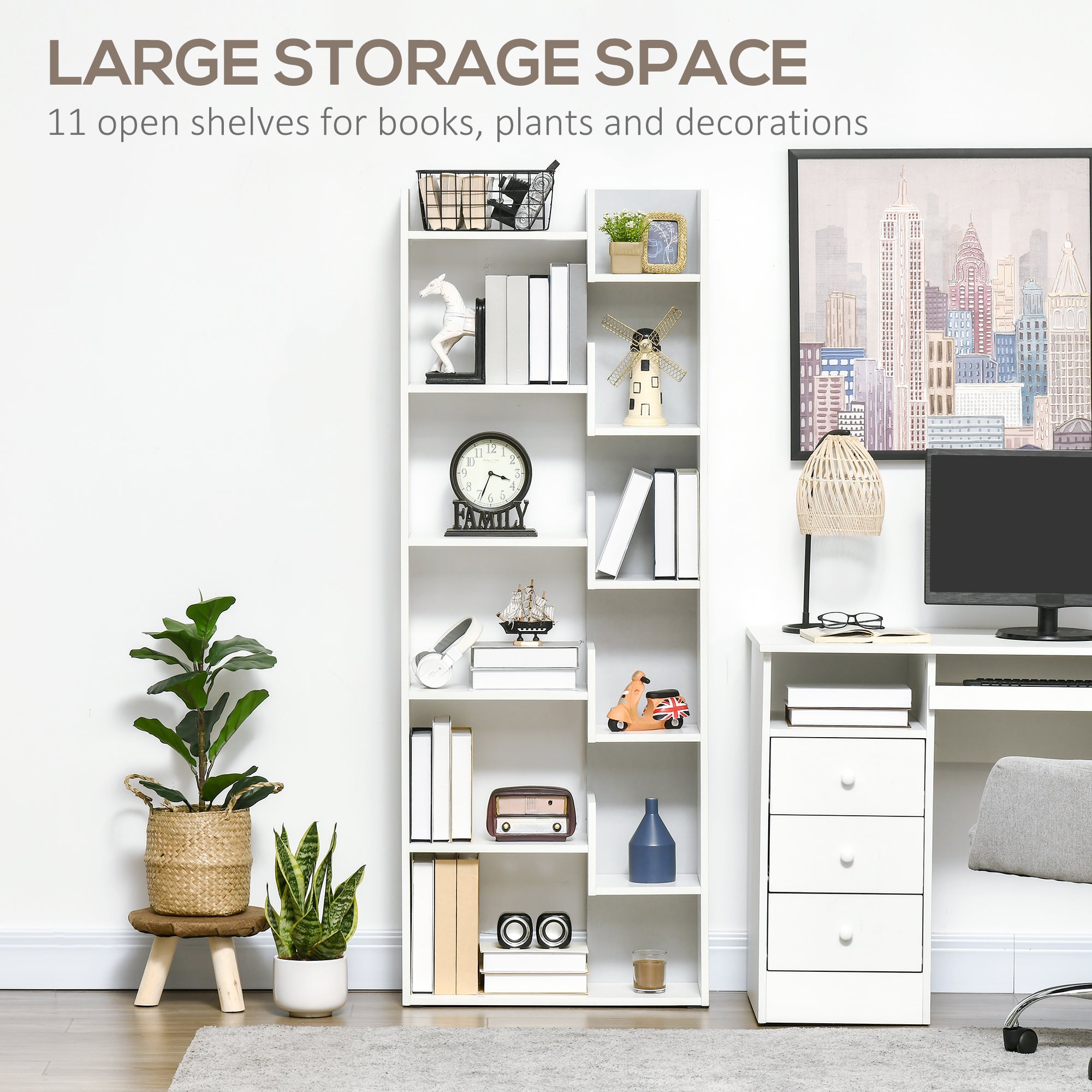 HOMCOM Modern Book Shelf with 11 Open Shelves, 6-Tier Bookcase, Freestanding Shelving Unit for Home Office and Study, White - North Peak Garden Furniture